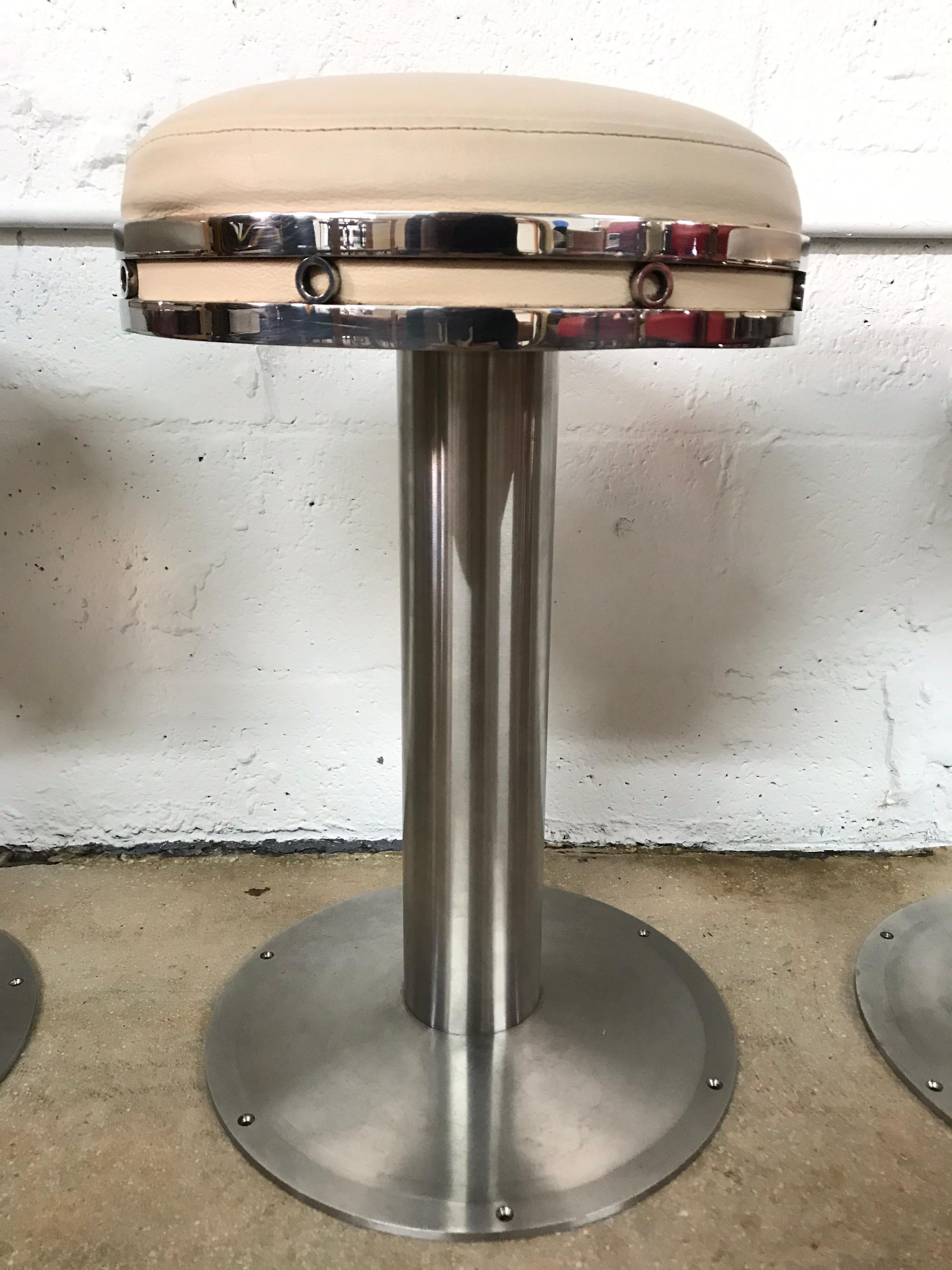 Set of Three Custom Karl Springer Style Steel and Leather Stools In Good Condition For Sale In Miami, FL