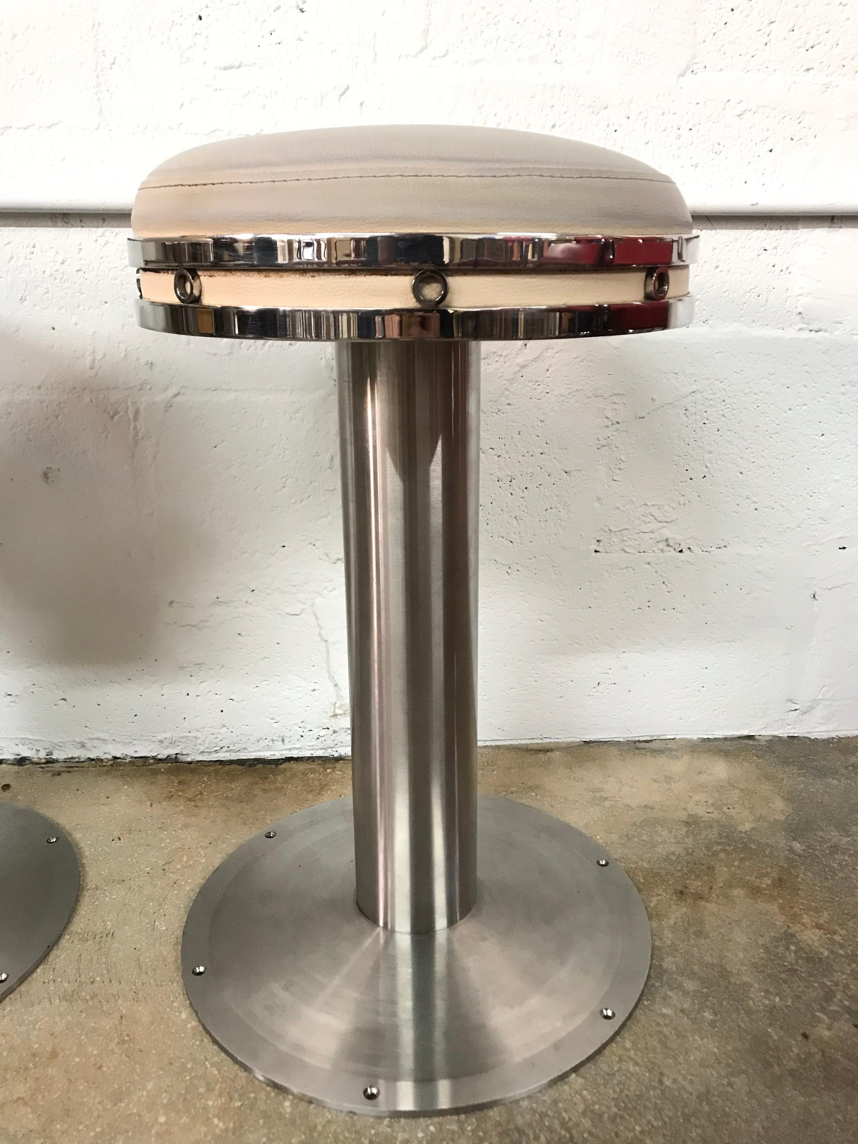 20th Century Set of Three Custom Karl Springer Style Steel and Leather Stools For Sale