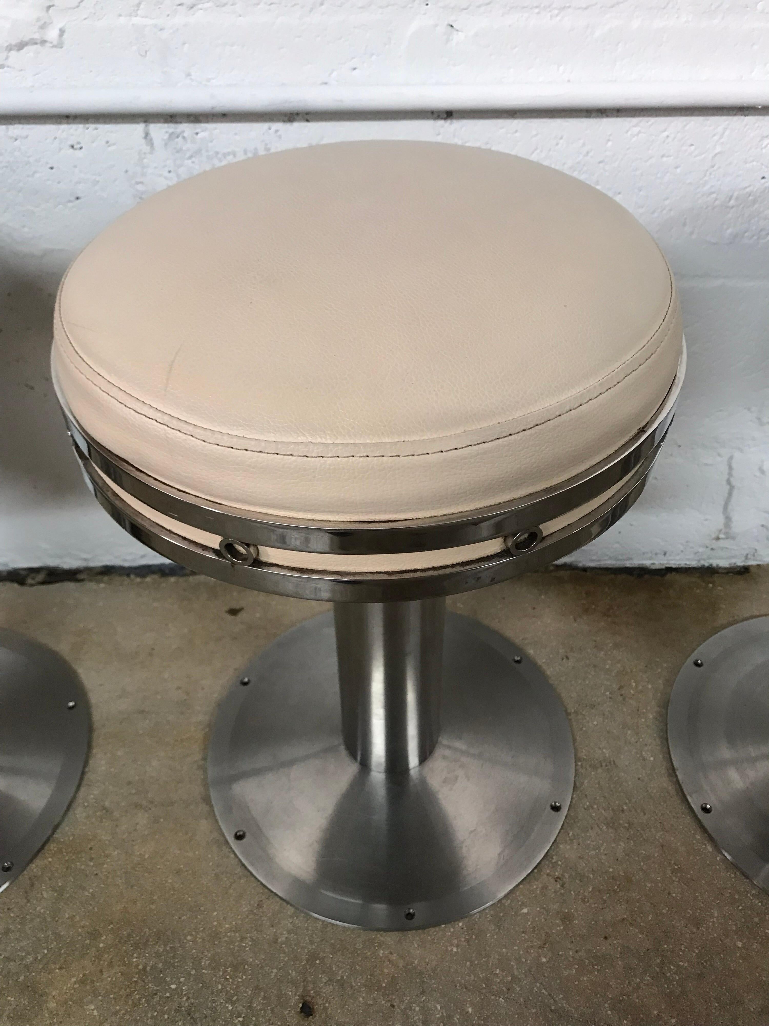 Set of Three Custom Karl Springer Style Steel and Leather Stools For Sale 1