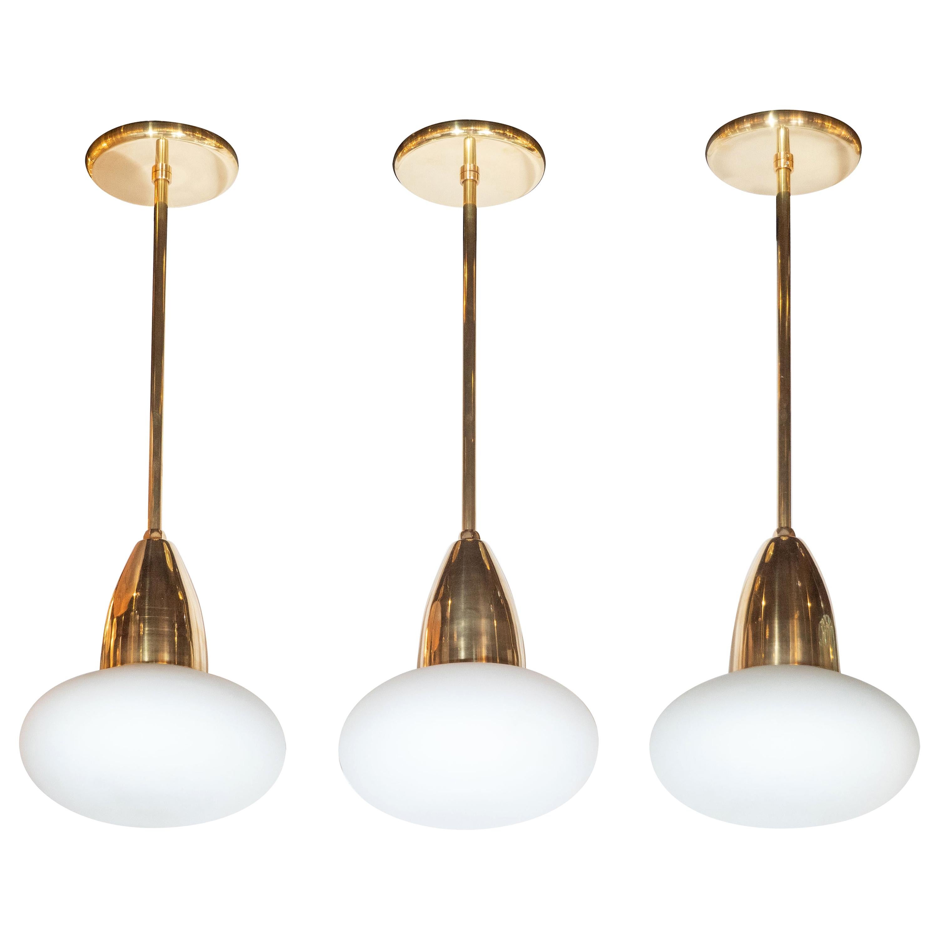 Set of 3 Custom Modernist Brass and Frosted Glass Pendants by High Style Deco