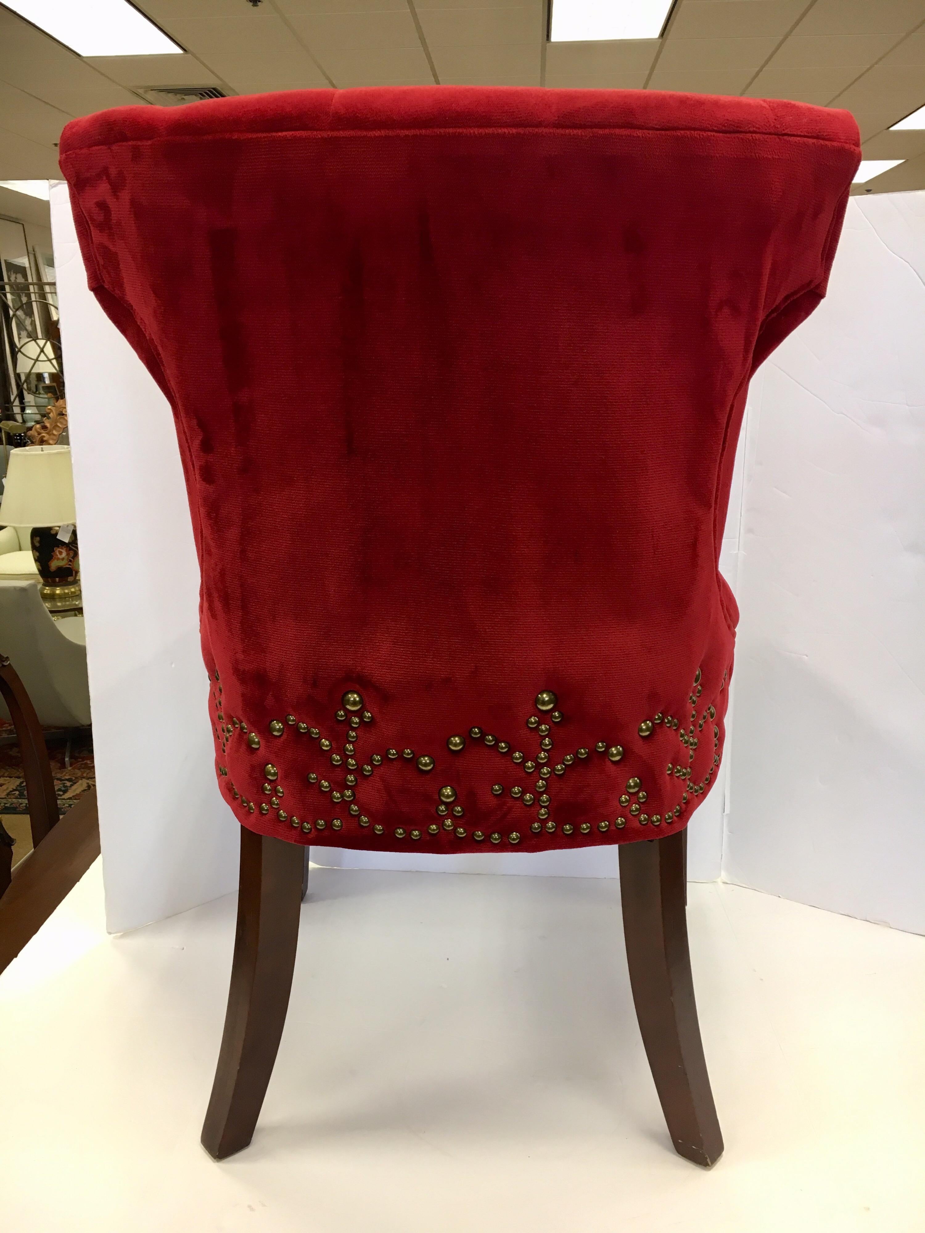 Set of Three Custom Upholstered Nailhead Red Tufted Dining Chairs 2