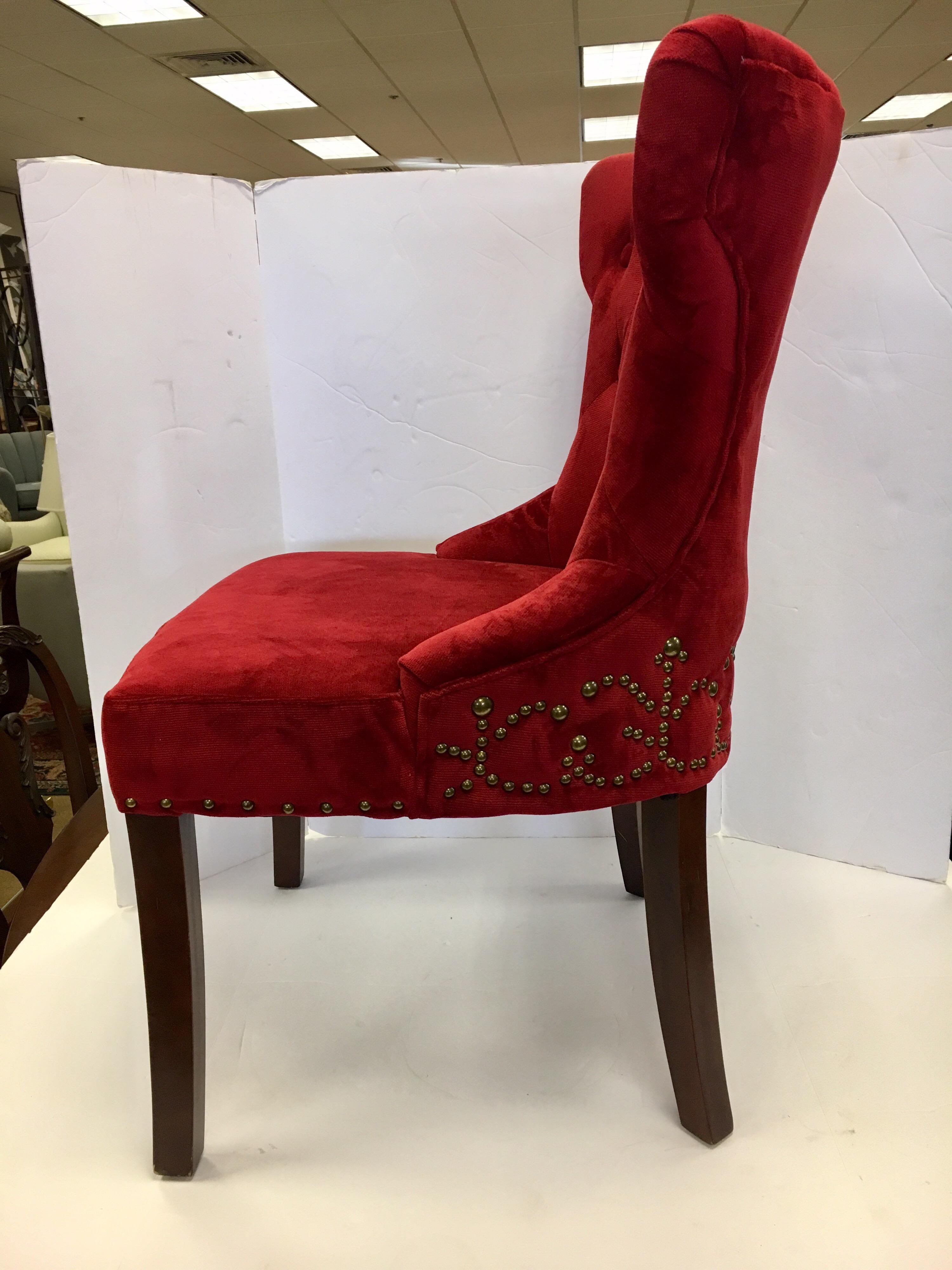 Late 20th Century Set of Three Custom Upholstered Nailhead Red Tufted Dining Chairs