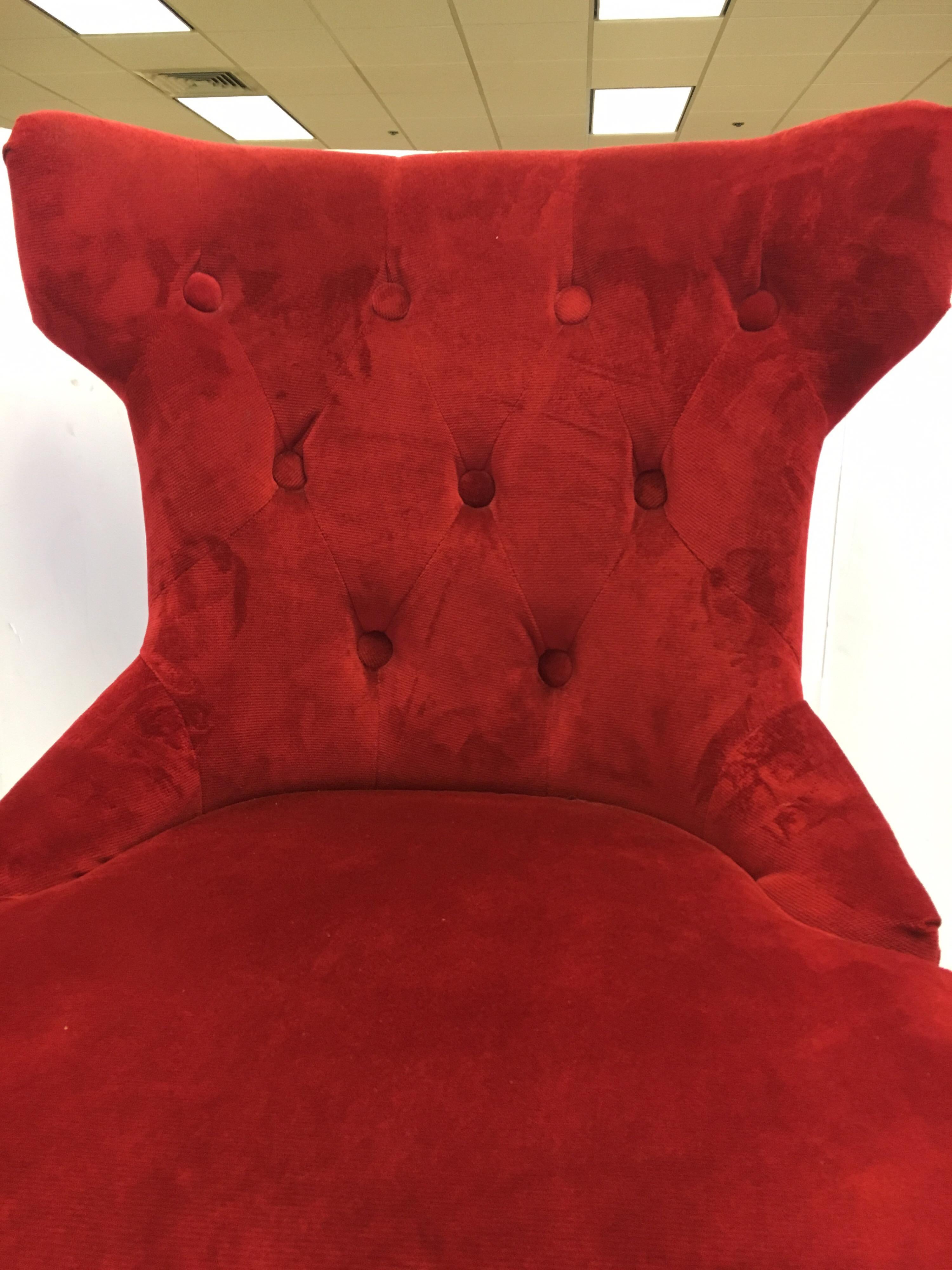 Fabric Set of Three Custom Upholstered Nailhead Red Tufted Dining Chairs