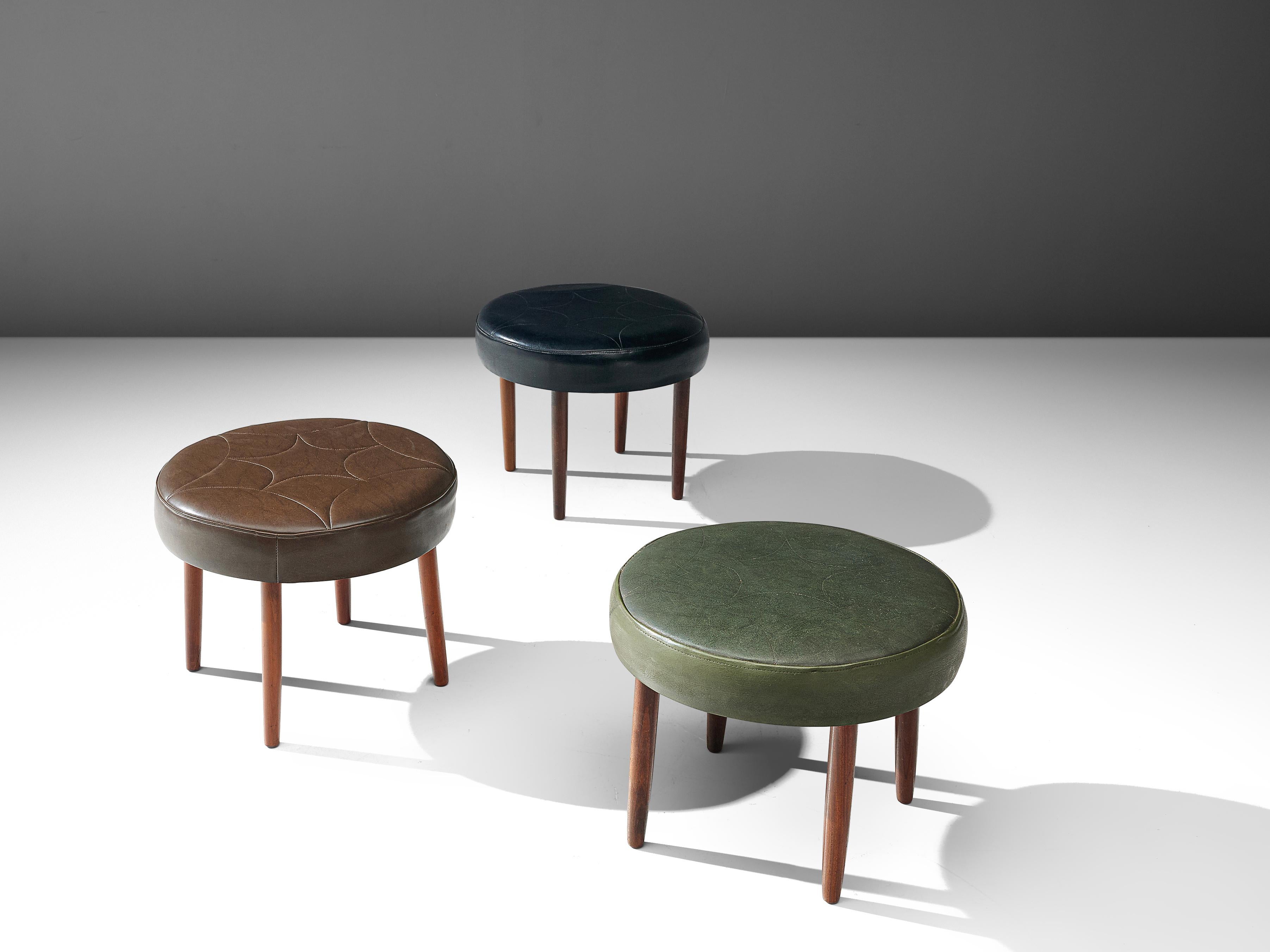 Stools, teak and leather, Denmark, 1960s

These modern Scandinavian stools are a wonderful addition to any interior, thanks to their minimalist aesthetics.The stools are equipped with a circular, thick cushion, upholstered in different colors of