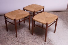 Set of Three Danish Modern Low Stools in Teak and Rush