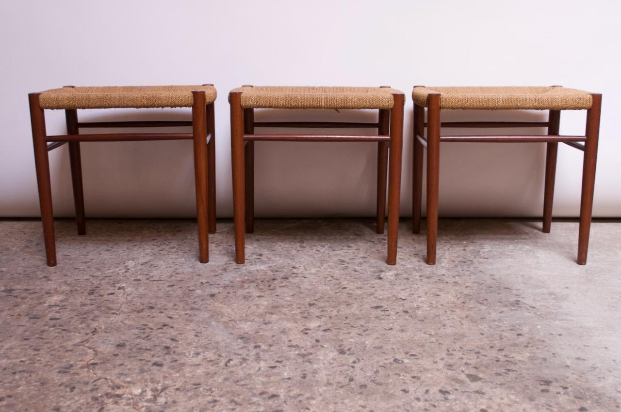 Set of Three Danish Modern Low Stools in Teak and Rush In Good Condition In Brooklyn, NY