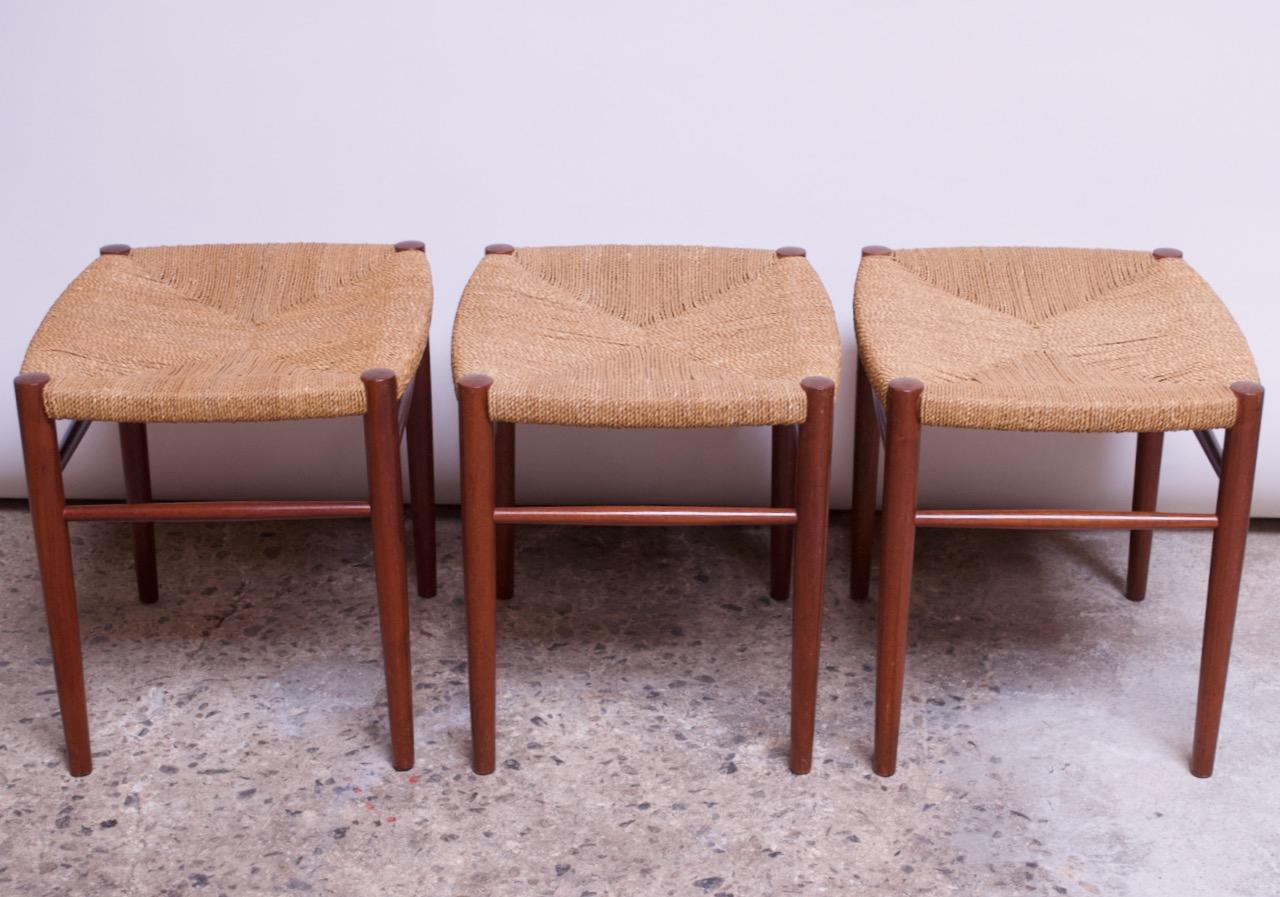 Set of Three Danish Modern Low Stools in Teak and Rush 1