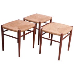 Vintage Set of Three Danish Modern Low Stools in Teak and Rush