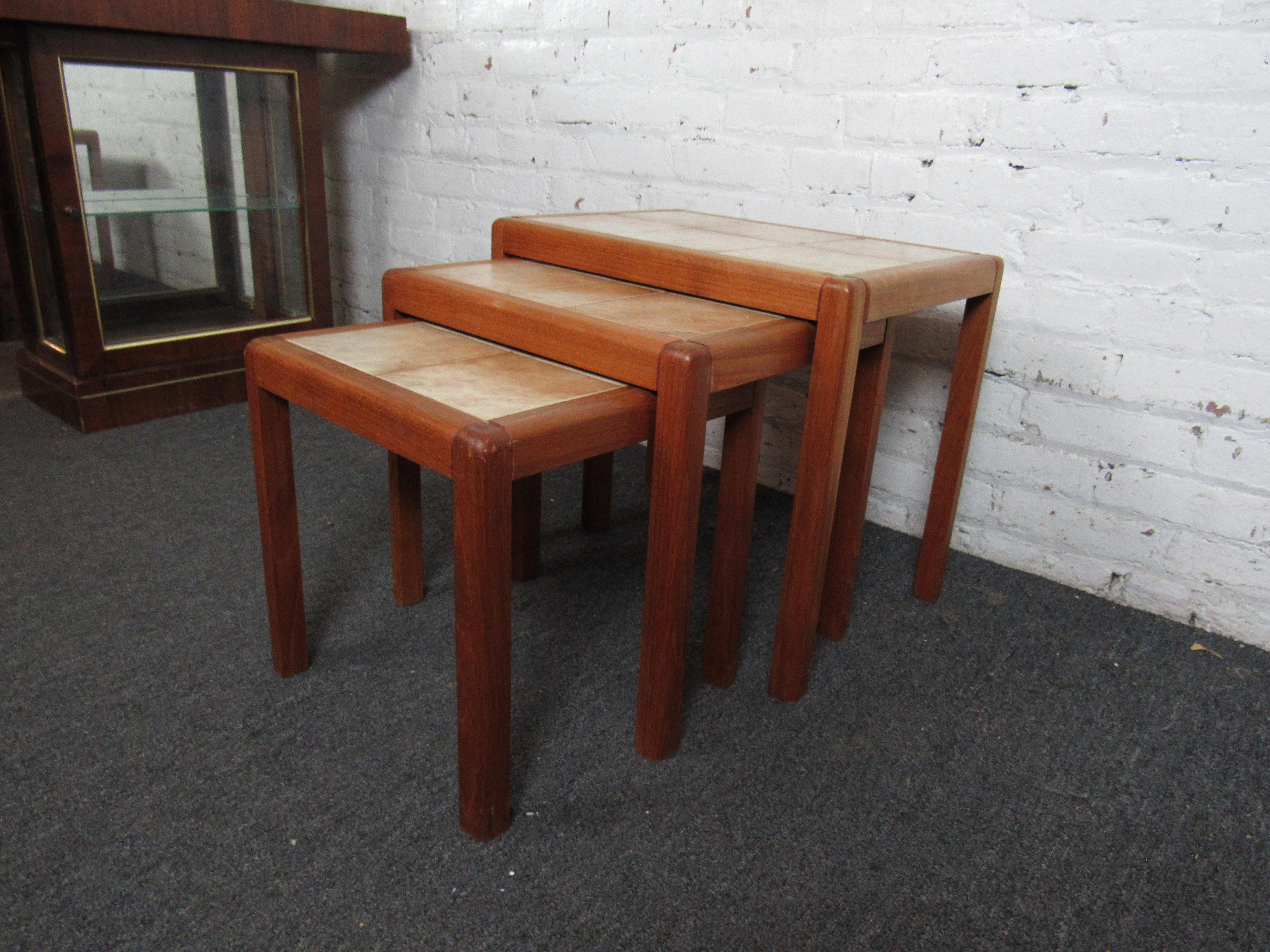 Stone Set of Three Danish Tile Top Nesting Tables For Sale