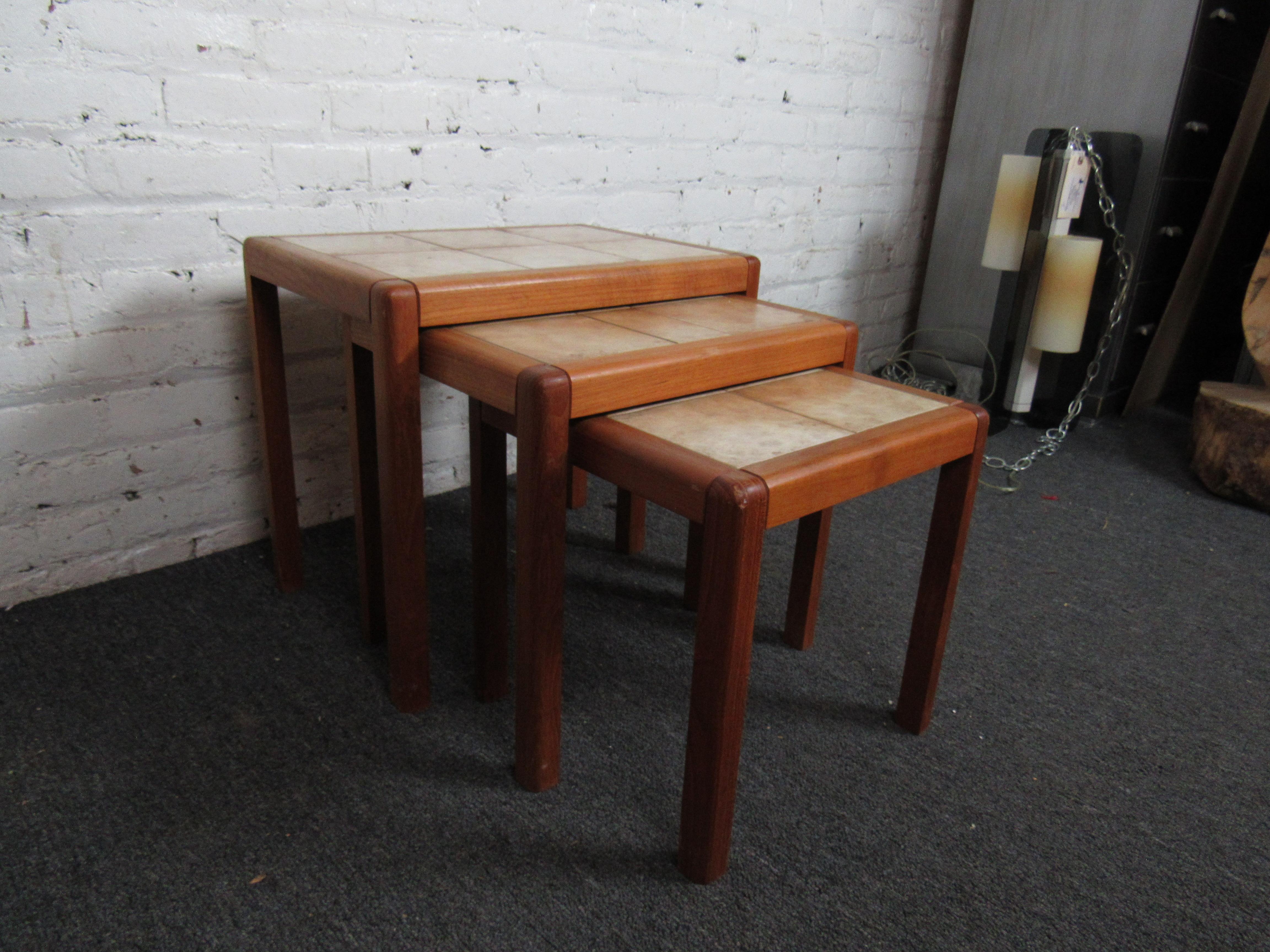 Set of Three Danish Tile Top Nesting Tables For Sale 1