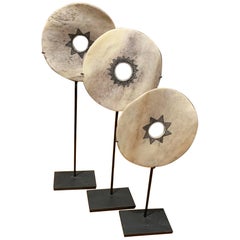 Set of Three Engraved White Bone Discs on Stands, Indonesia, Contemporary