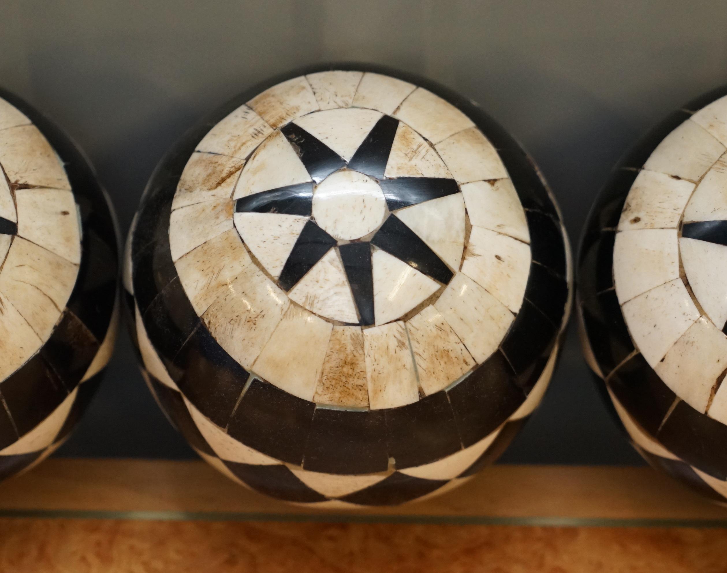 Modern Set of Three Decorative Bone and Horn Inlaid Balls with Ebonized Contrast Color