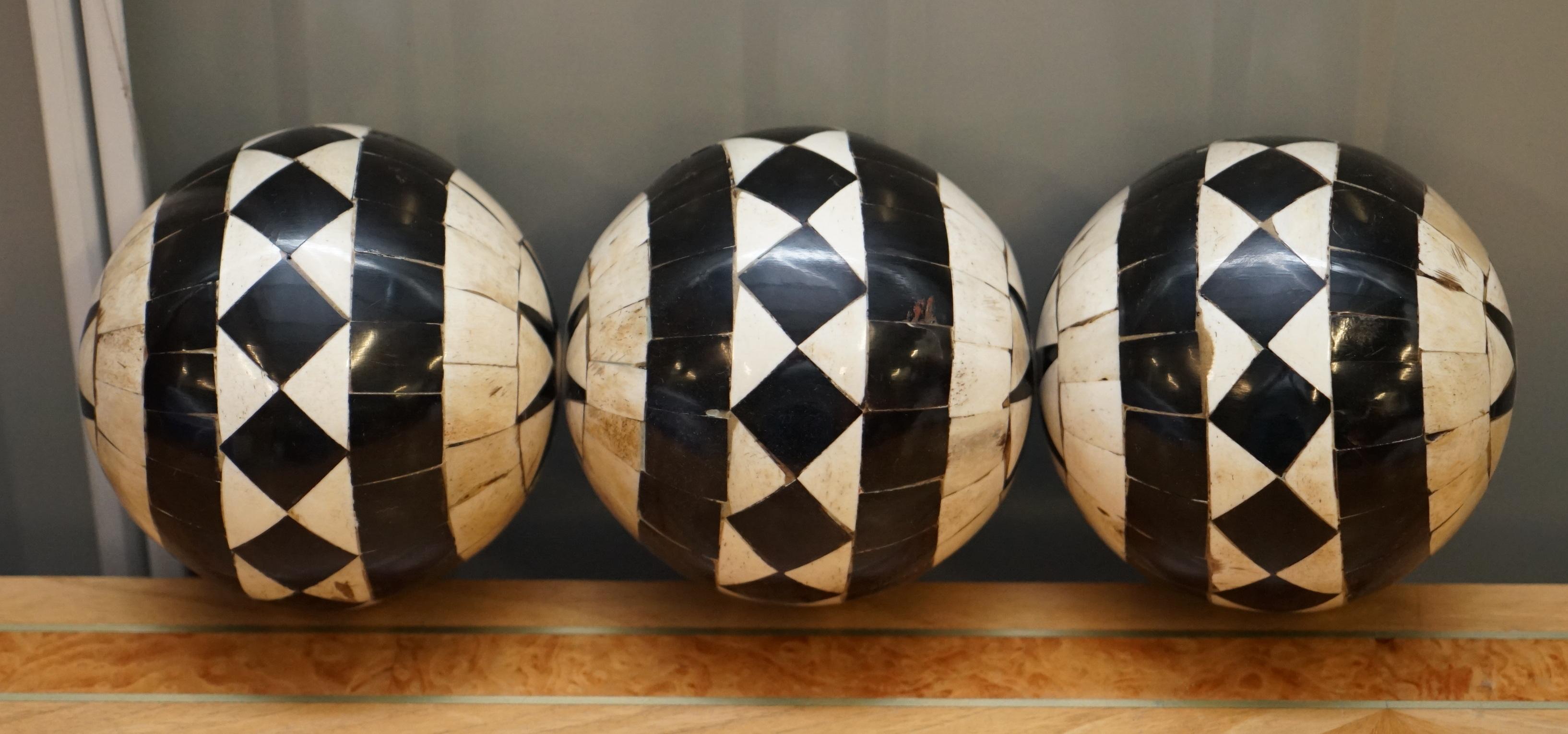 Hand-Crafted Set of Three Decorative Bone and Horn Inlaid Balls with Ebonized Contrast Color
