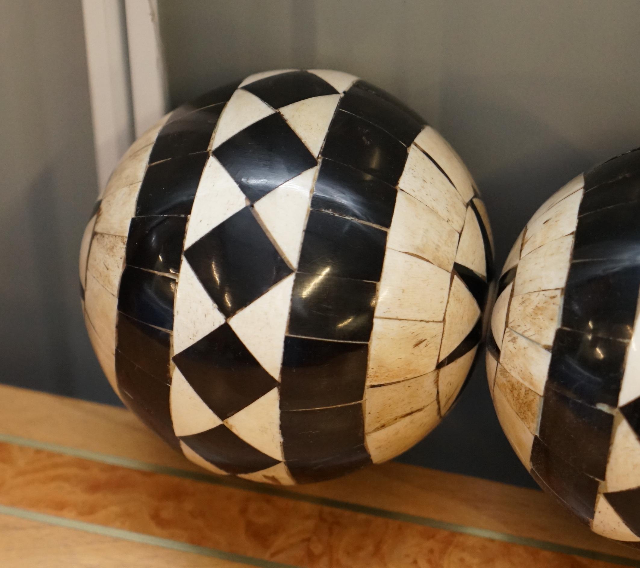 20th Century Set of Three Decorative Bone and Horn Inlaid Balls with Ebonized Contrast Color