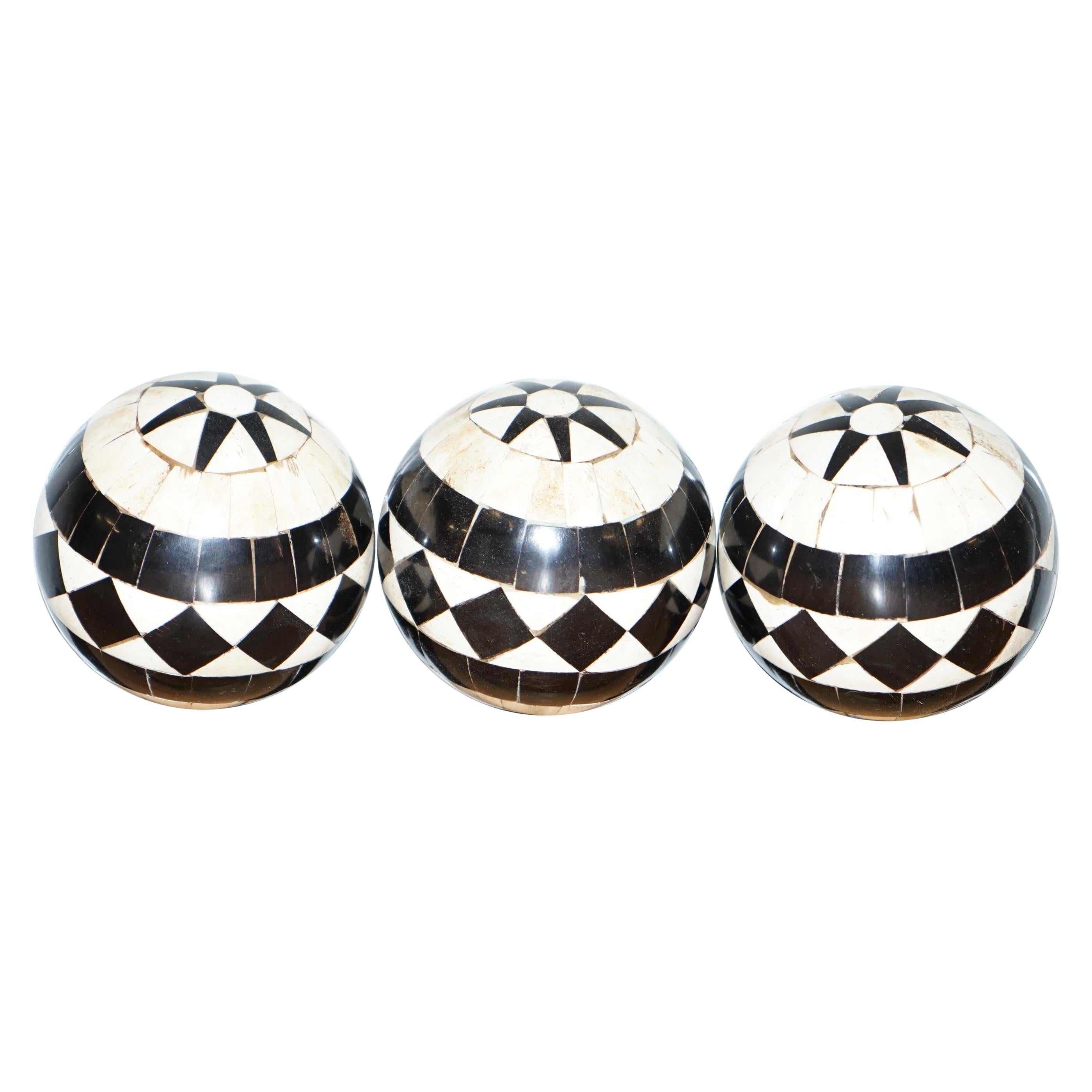 Set of Three Decorative Bone and Horn Inlaid Balls with Ebonized Contrast Color