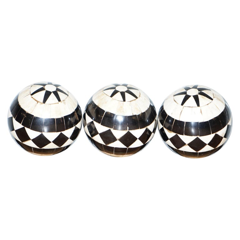 Set of Three Decorative Bone and Horn Inlaid Balls with Ebonized