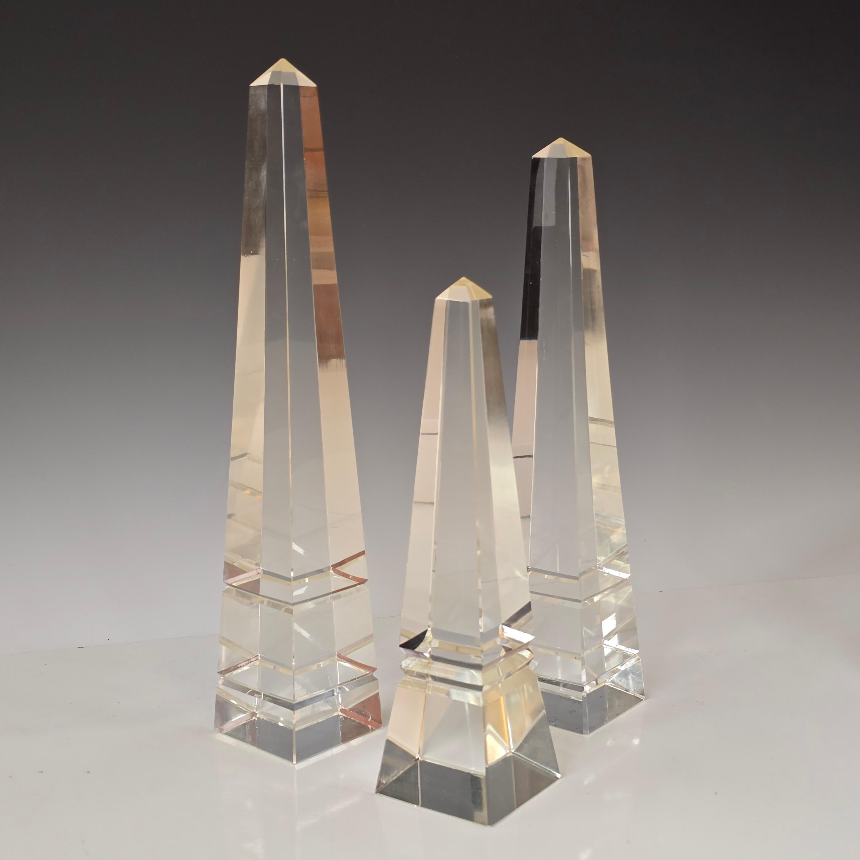 Polished Set of Three Decorative Cut Crystal Obelisks For Sale