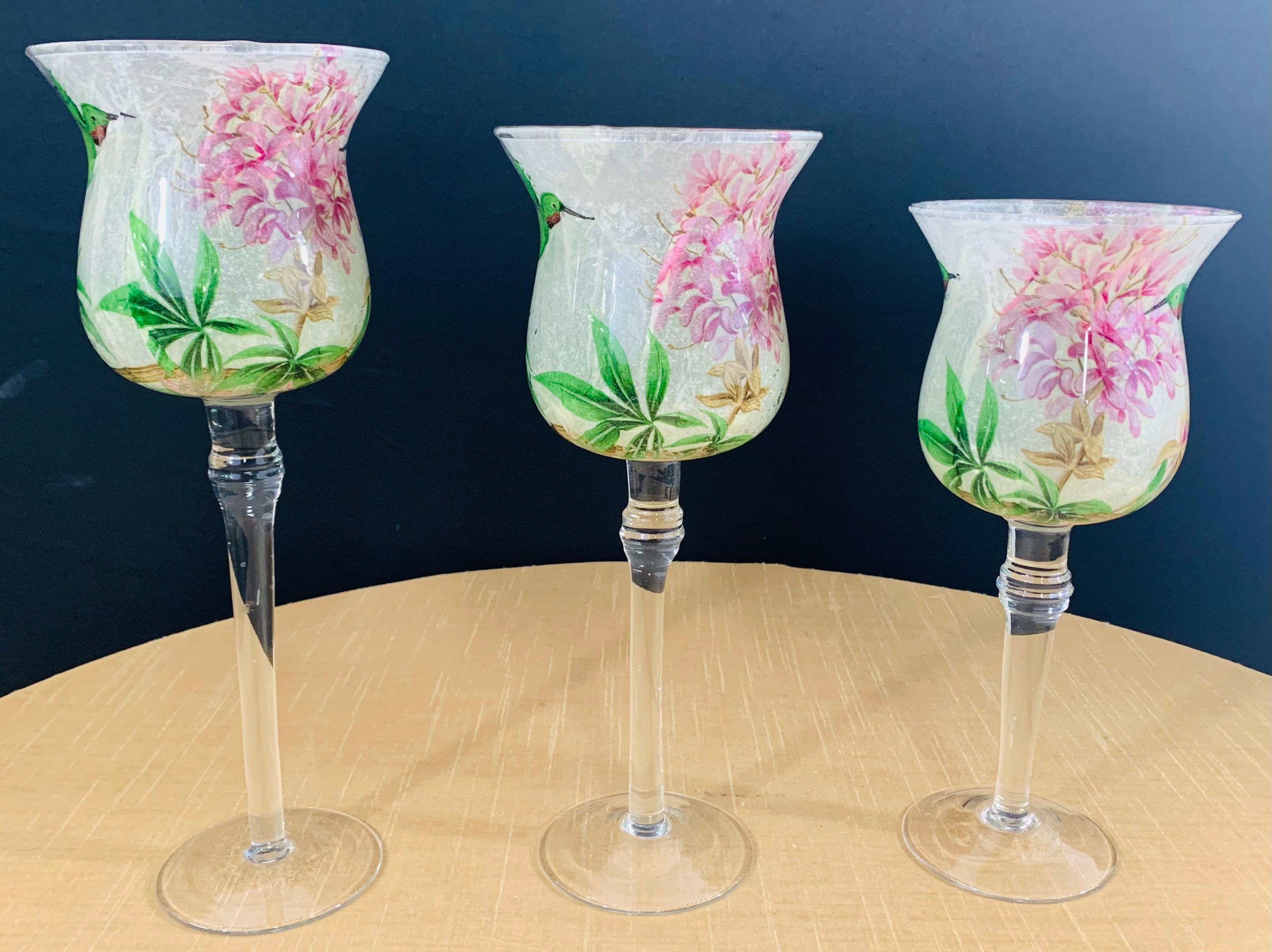 Folk Art Set of Three Decorative Glasses with Hummingbird and Floral Motif