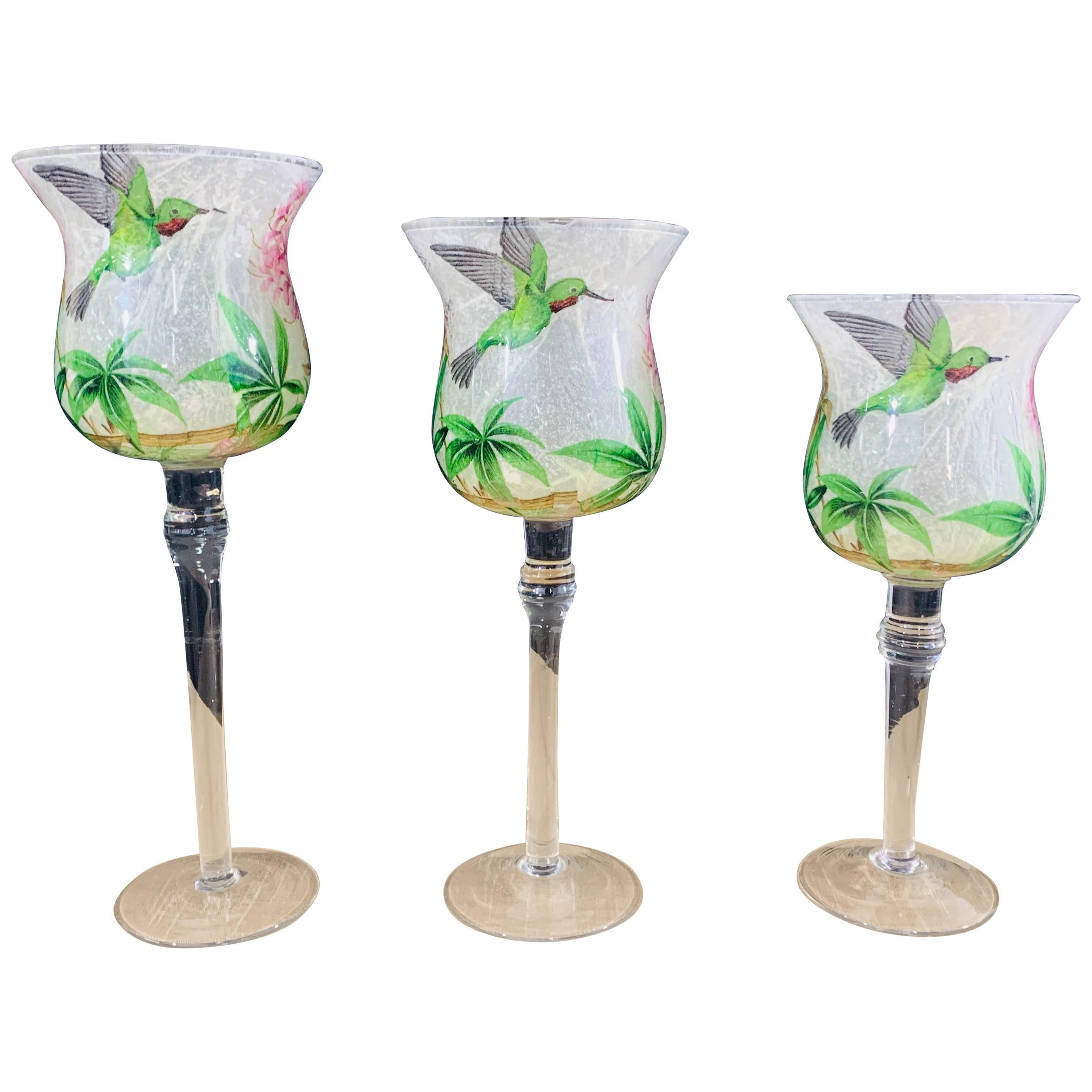 Set of Three Decorative Glasses with Hummingbird and Floral Motif