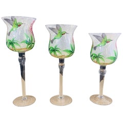 Vintage Set of Three Decorative Glasses with Hummingbird and Floral Motif