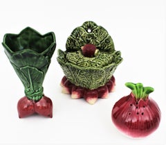 Majolica Ceramic Radish Wall Salt Container, Vase & Pink Onion Salt Shaker