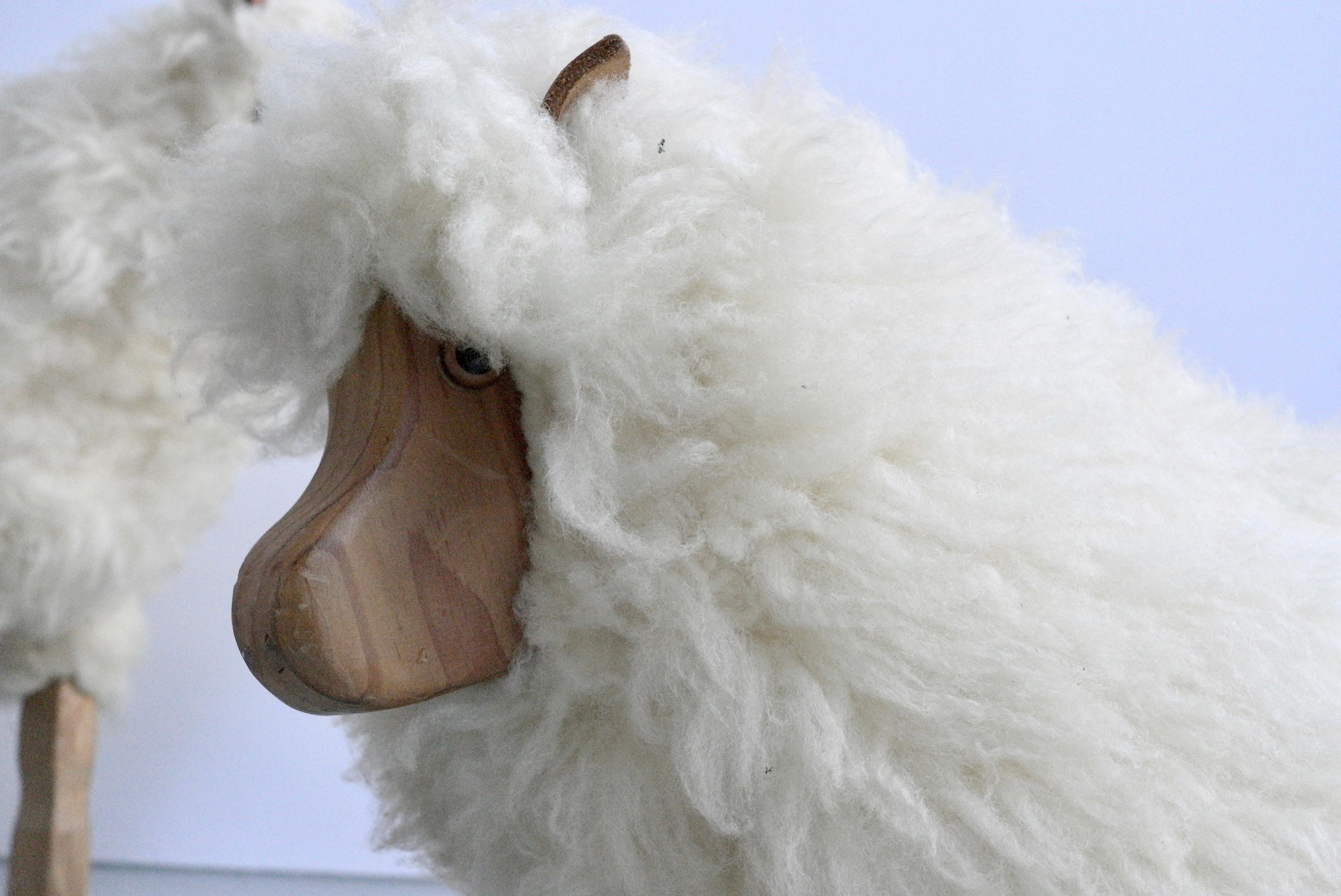 European Set of Three Decorative Sheeps in Pine Wool and Leather, Germany, 1970s