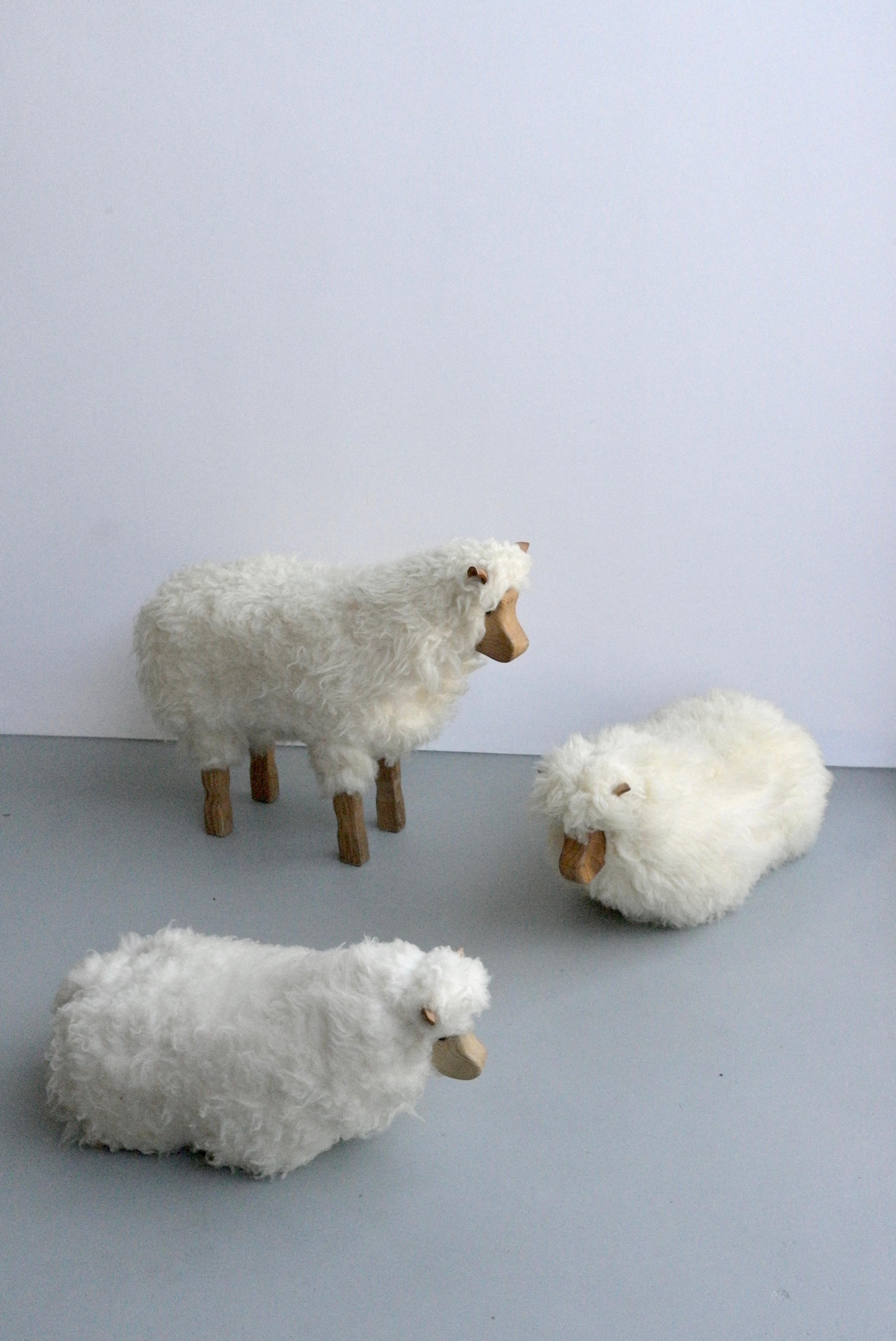 Set of Three Decorative Sheeps in Pine Wool and Leather, Germany, 1970s 1