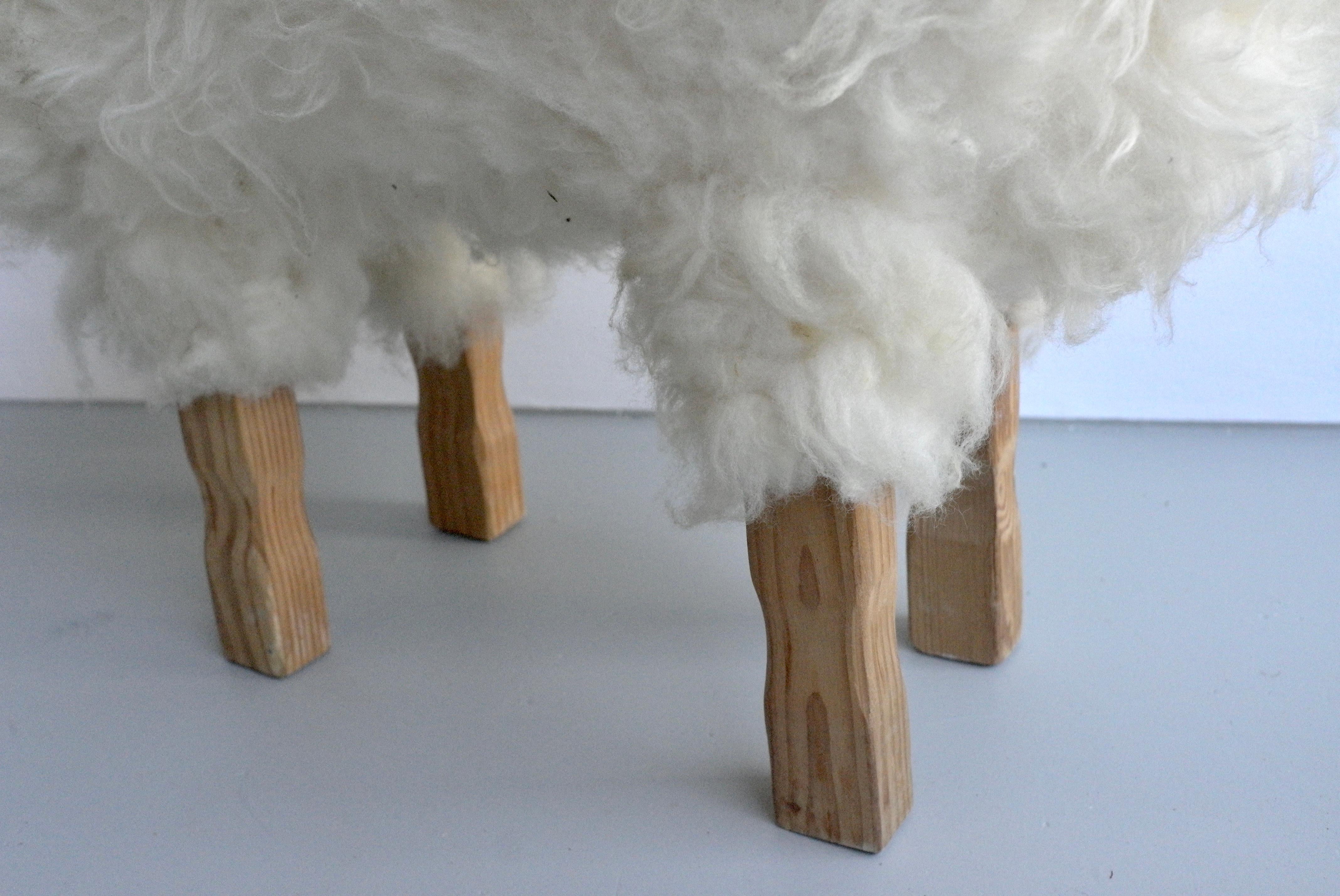 Set of Three Decorative Sheeps in Pine Wool and Leather, Germany, 1970s 3