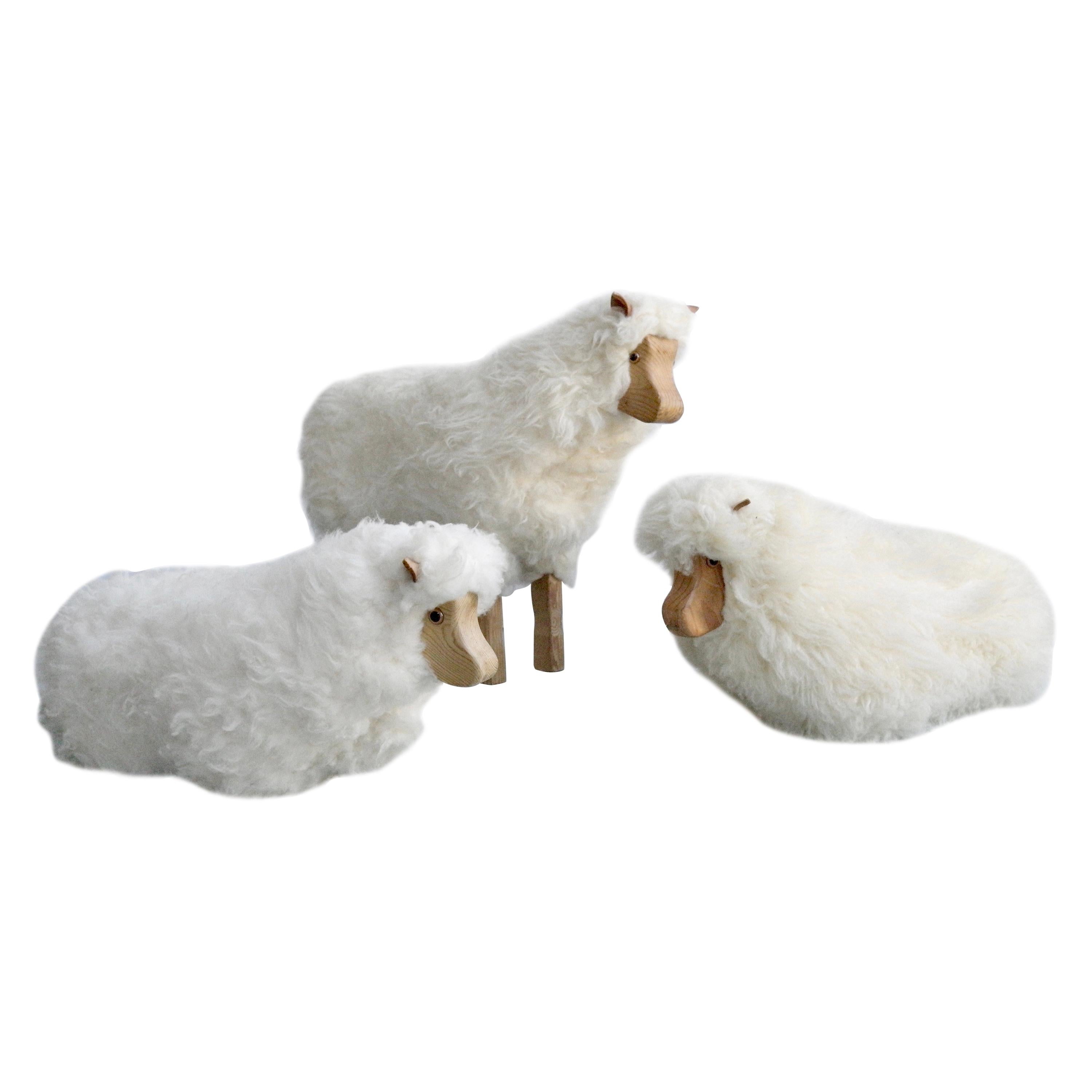 Set of Three Decorative Sheeps in Pine Wool and Leather, Germany, 1970s