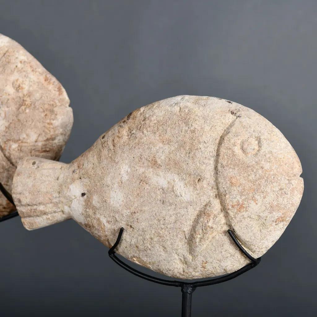 Hand-Carved Set of Three Decorative Stone Fish with Natural Patina For Sale