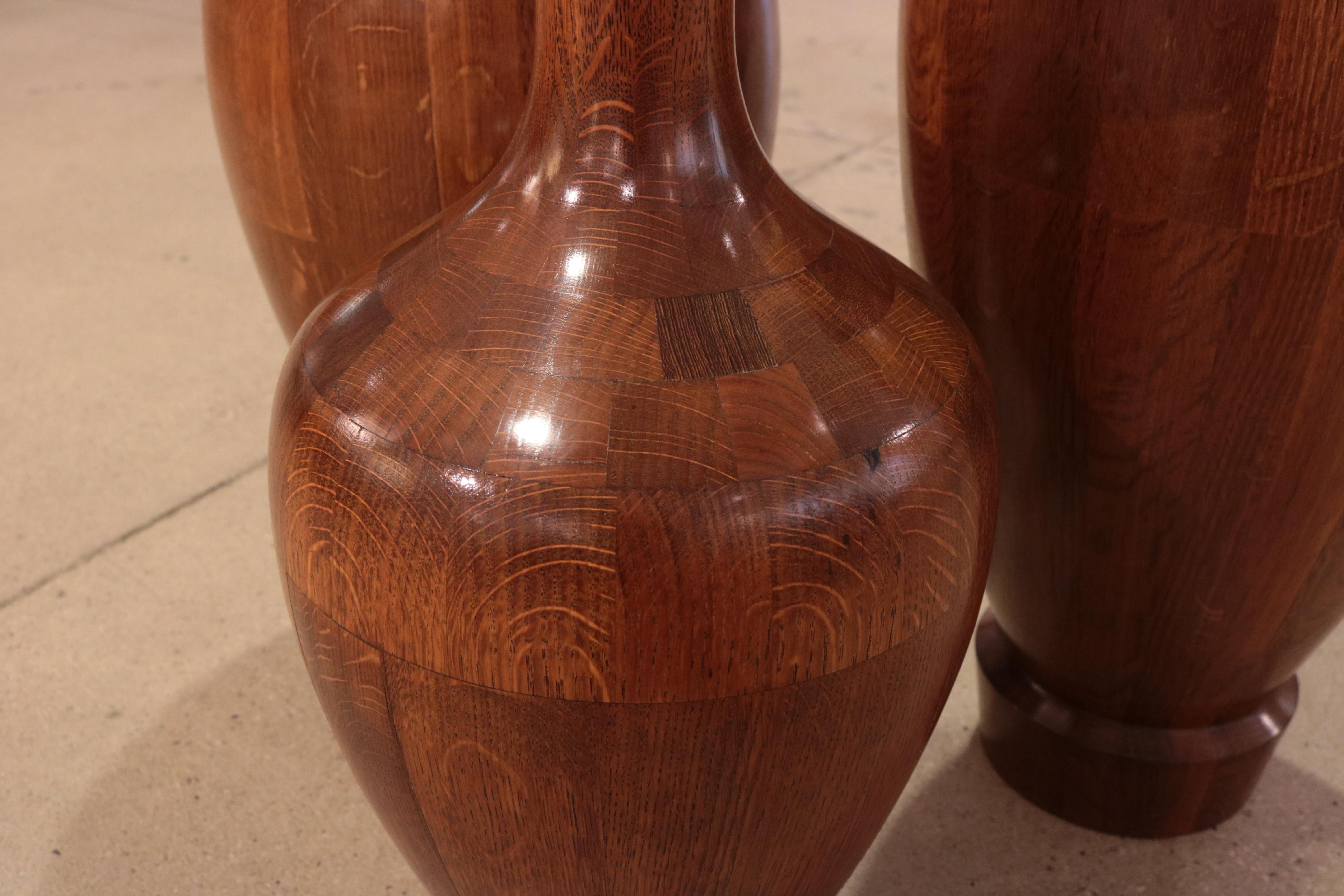 Mid-20th Century Set of Three Decorative Wood Vases by De Coene Frères  For Sale