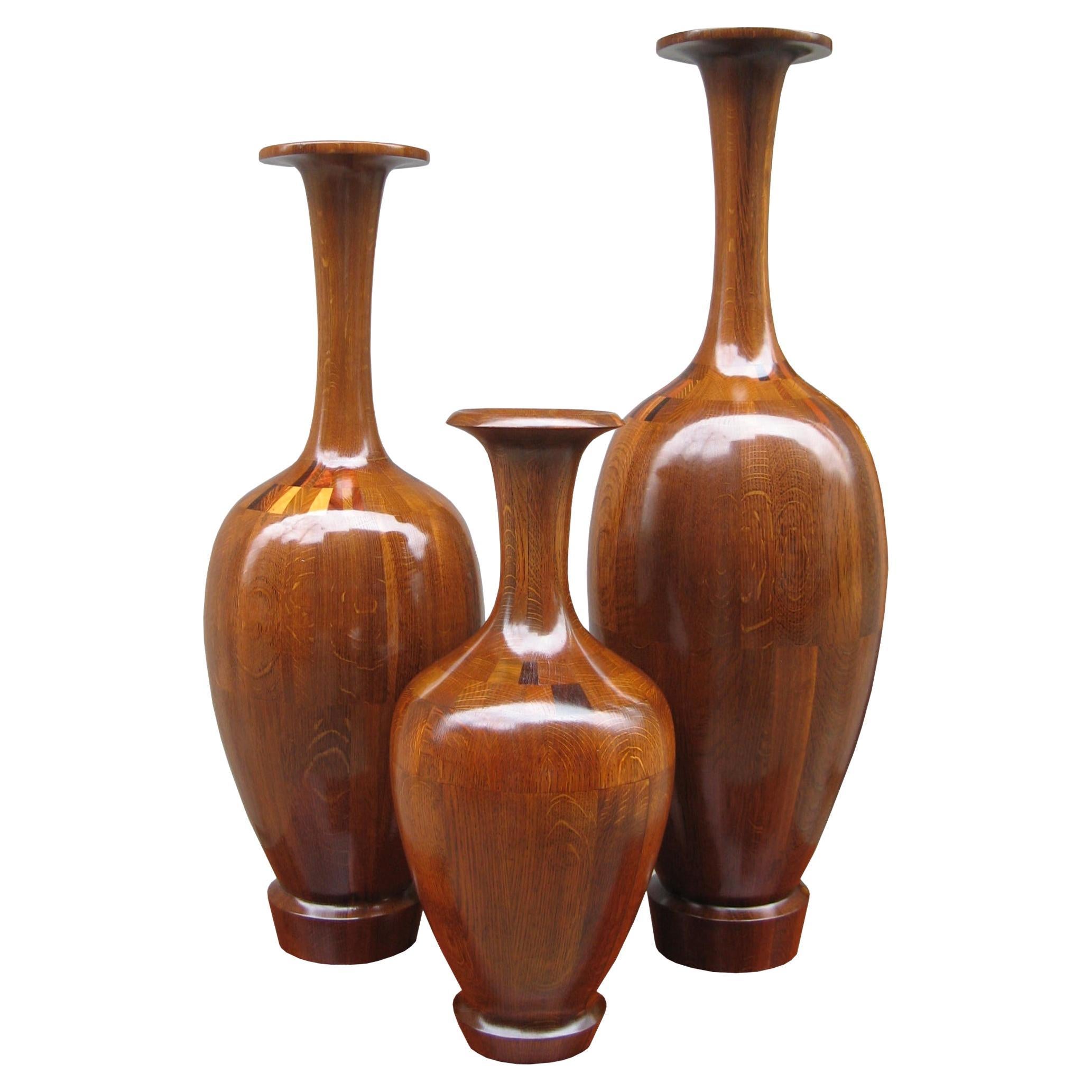 Set of Three Decorative Wood Vases by De Coene Frères  For Sale