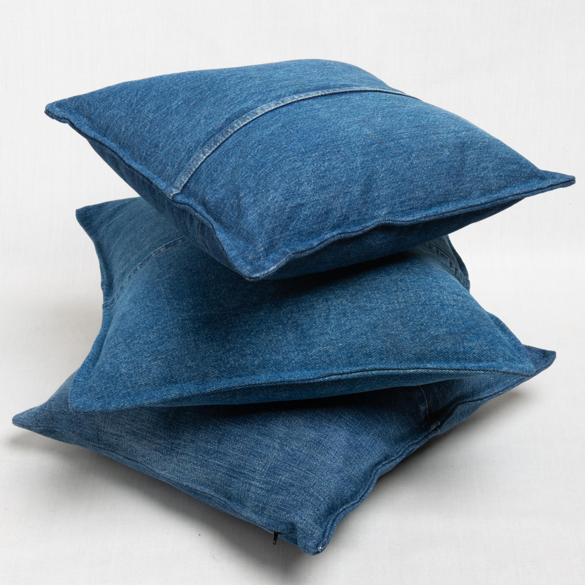 Other Set of Three Denim Pillows with Center Seam For Sale
