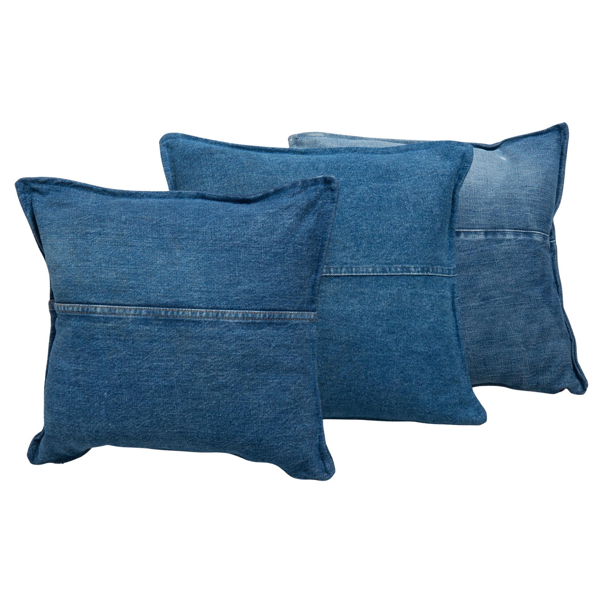 Set of Three Denim Pillows with Center Seam For Sale