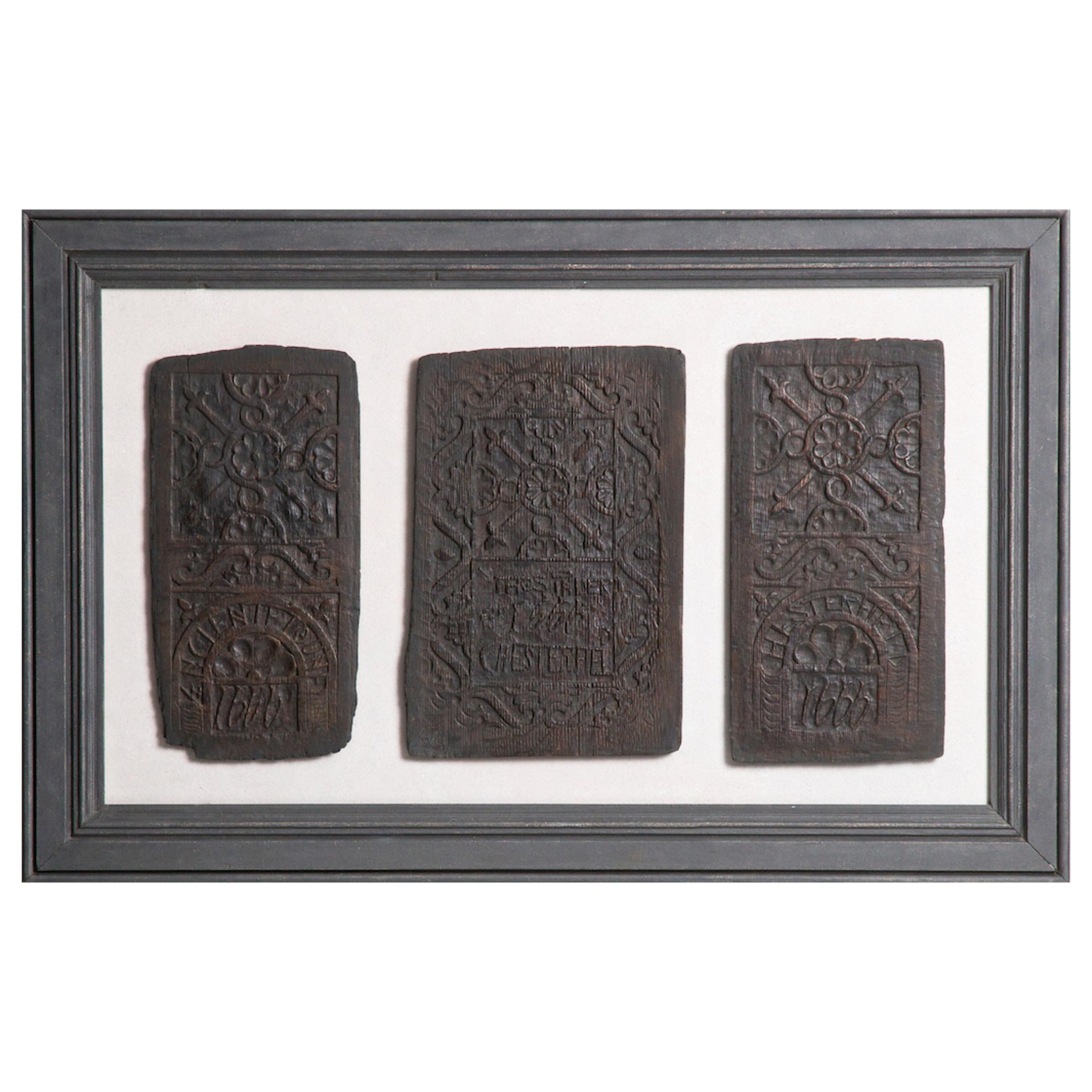 Set of Three Derbyshire Named and Dated Oak Panels, circa 1666 For Sale