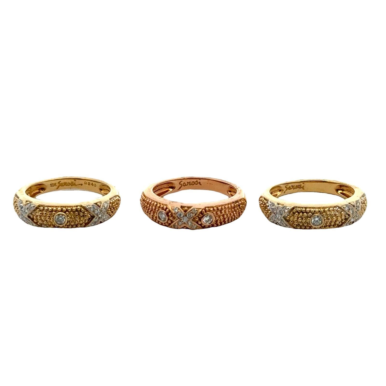 Modern Set of Three Diamond 18 Karat Yellow & Rose Gold X Band Rings Designed by Sarosi For Sale