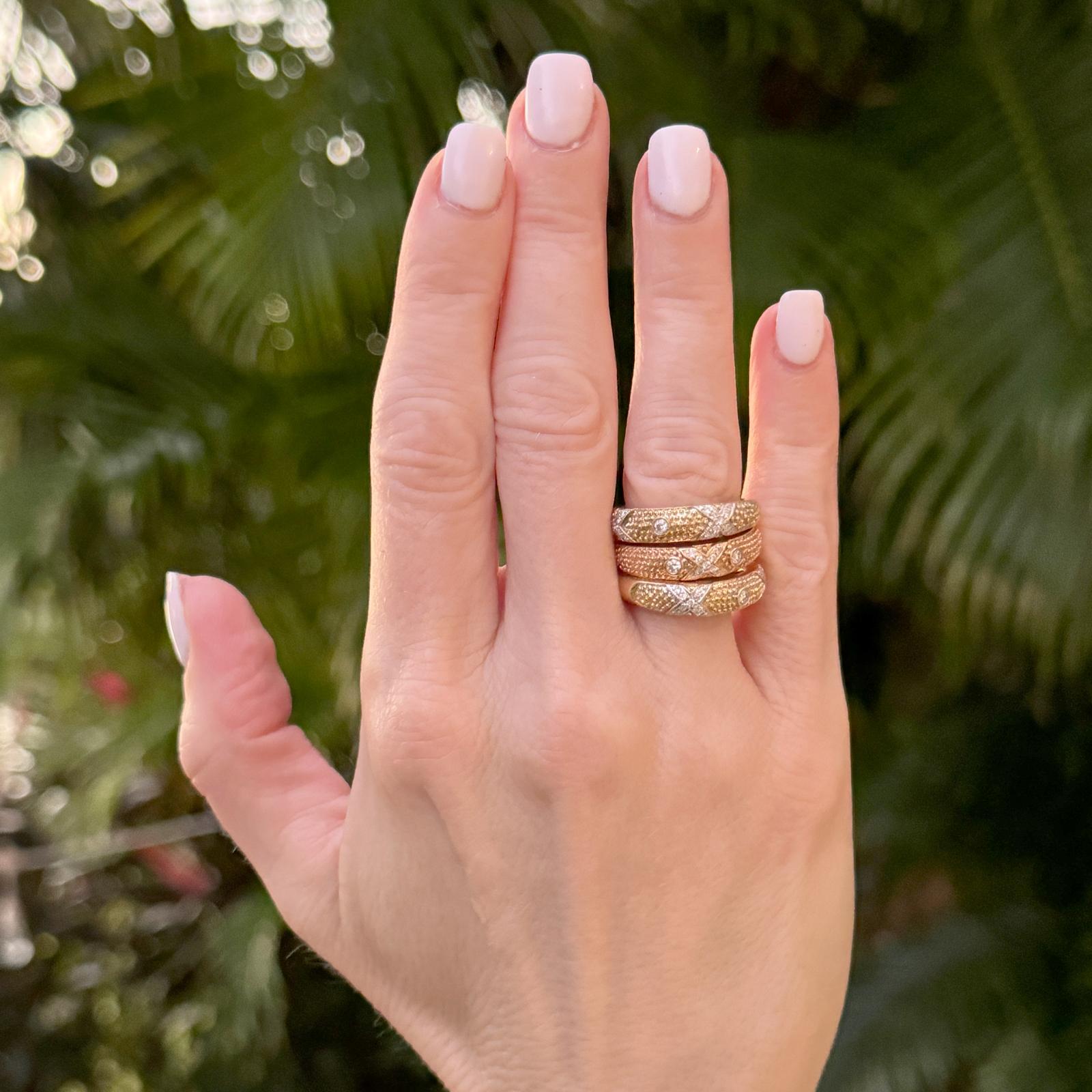 Round Cut Set of Three Diamond 18 Karat Yellow & Rose Gold X Band Rings Designed by Sarosi For Sale