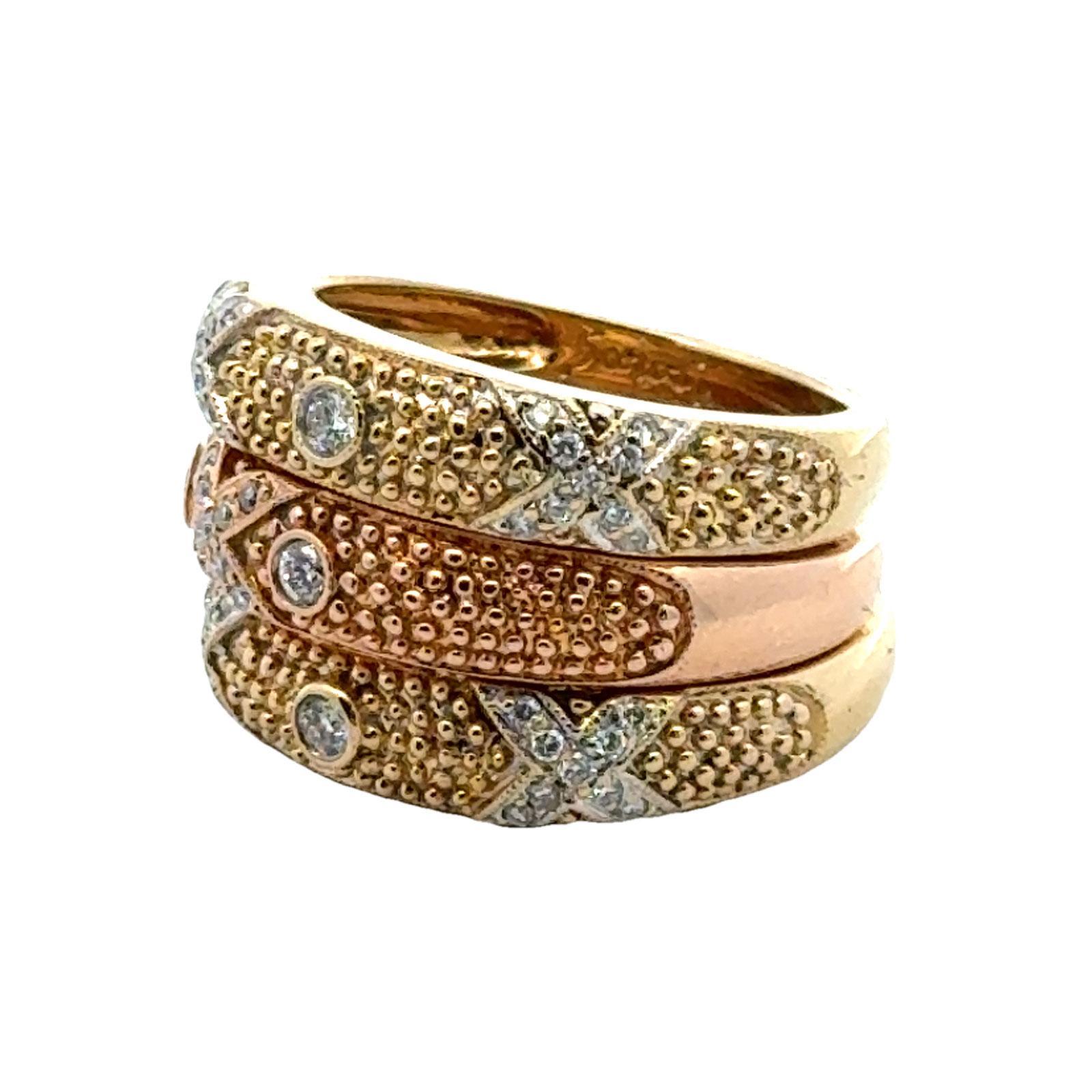 Set of Three Diamond 18 Karat Yellow & Rose Gold X Band Rings Designed by Sarosi In Excellent Condition For Sale In Boca Raton, FL