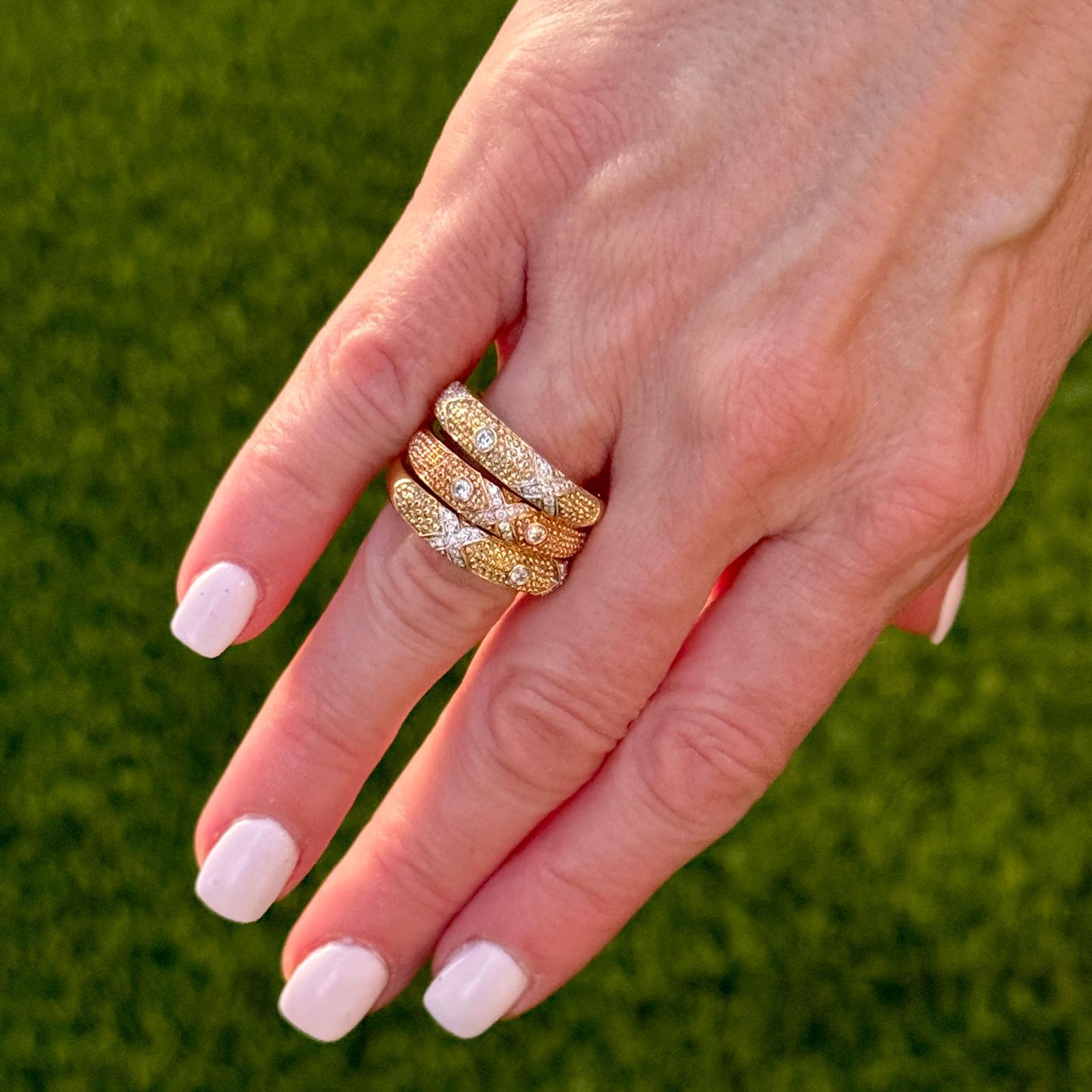 Women's Set of Three Diamond 18 Karat Yellow & Rose Gold X Band Rings Designed by Sarosi For Sale