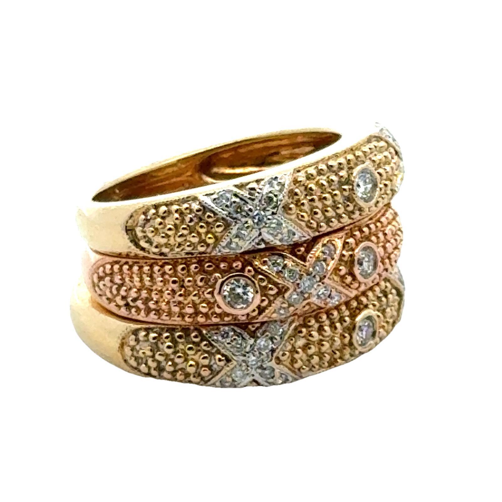 Set of Three Diamond 18 Karat Yellow & Rose Gold X Band Rings Designed by Sarosi For Sale 1