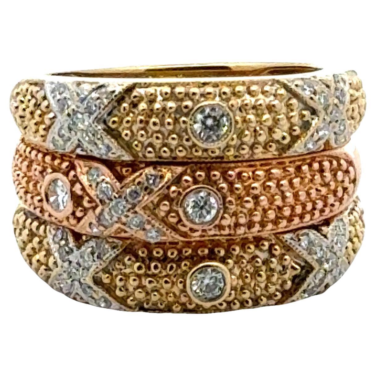 Set of Three Diamond 18 Karat Yellow & Rose Gold X Band Rings Designed by Sarosi For Sale
