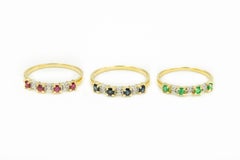 Set of Three Diamond Emerald Ruby Sapphire Stacking Band Rings