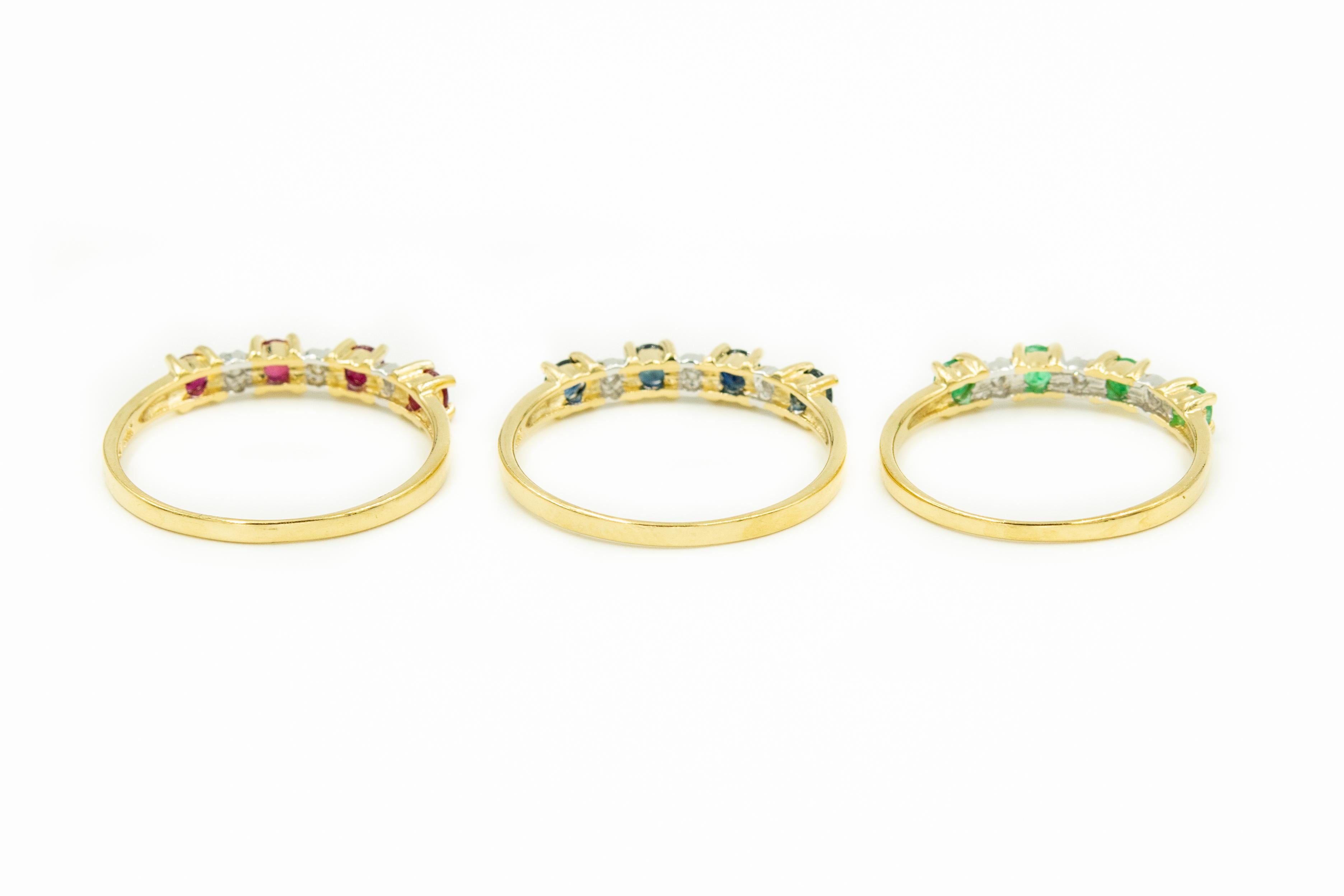 Round Cut Set of Three Diamond Emerald Ruby Sapphire Stacking Band Rings