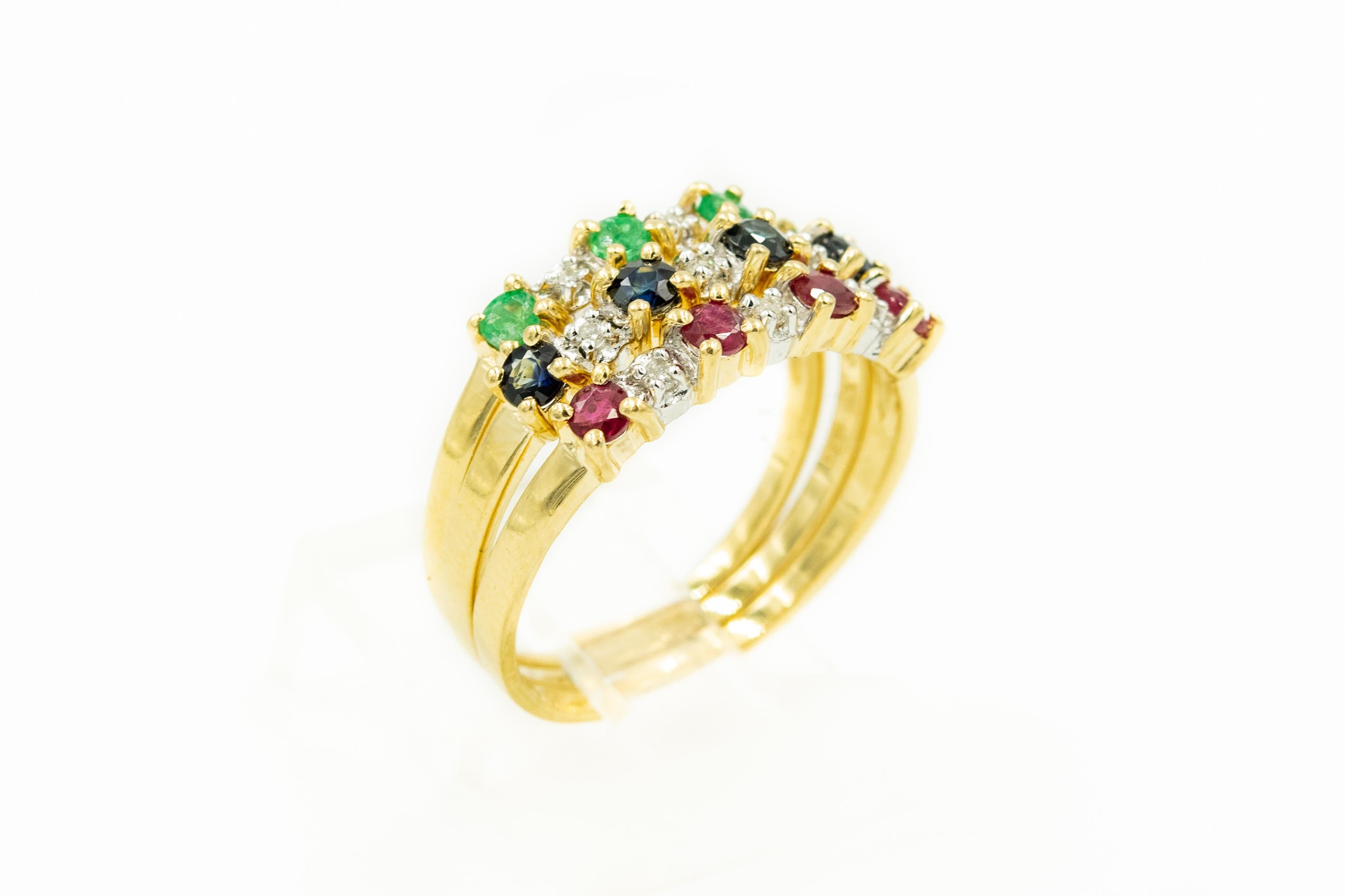 Women's or Men's Set of Three Diamond Emerald Ruby Sapphire Stacking Band Rings