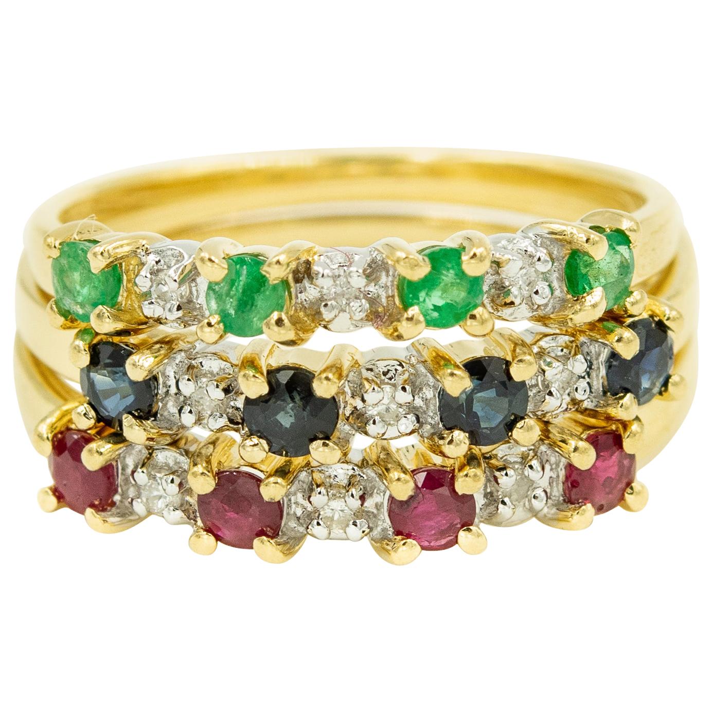 Set of Three Diamond Emerald Ruby Sapphire Stacking Band Rings