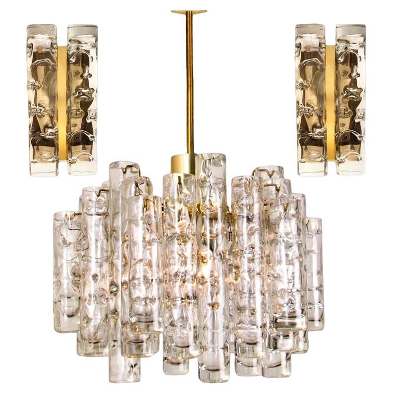 Set of Three Doria Brass Light Fixtures Two Wall Lights and One Chandelier, 1960