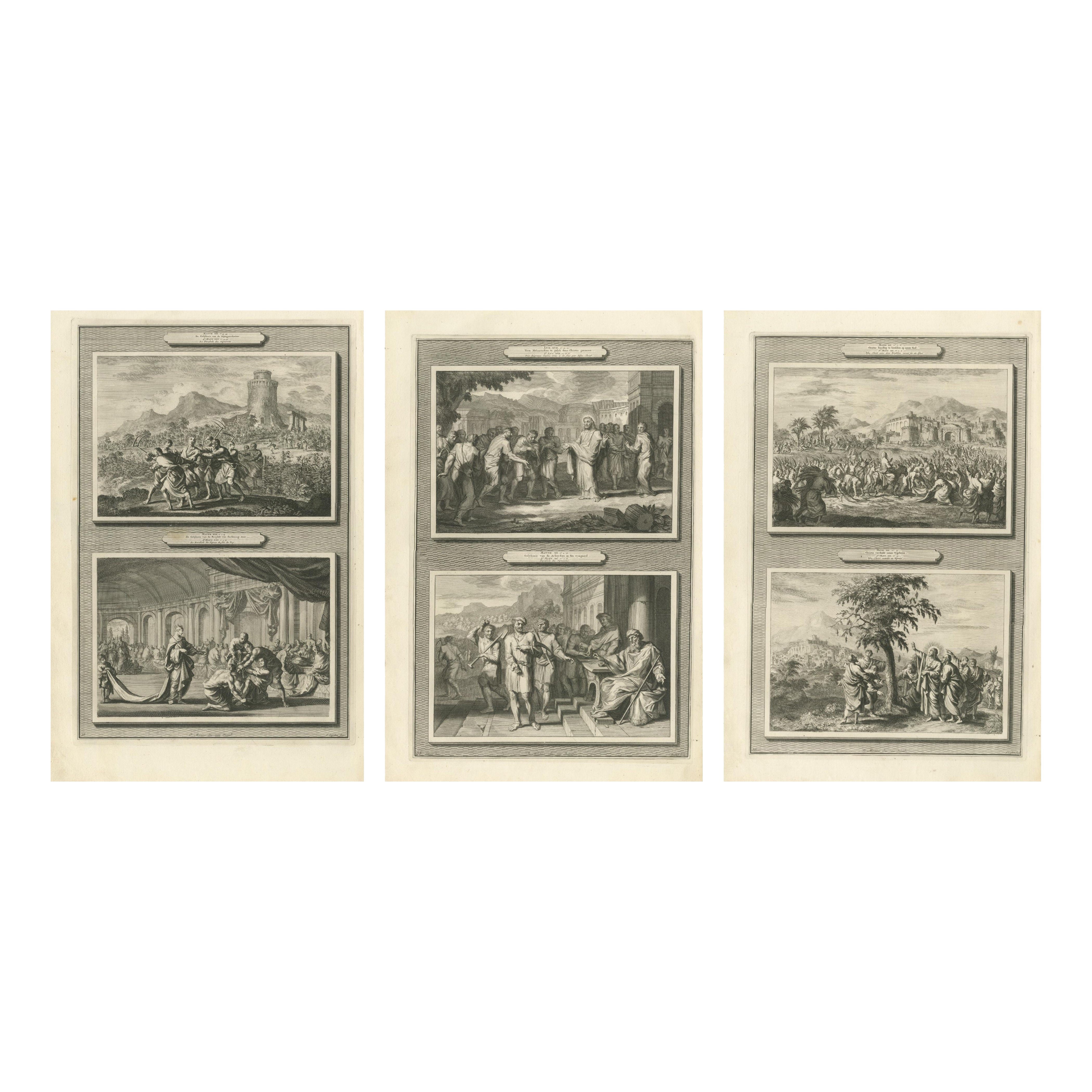 Set of Three Double-Scene Biblical Copper Engravings, Pieter Mortier, ca 1700
