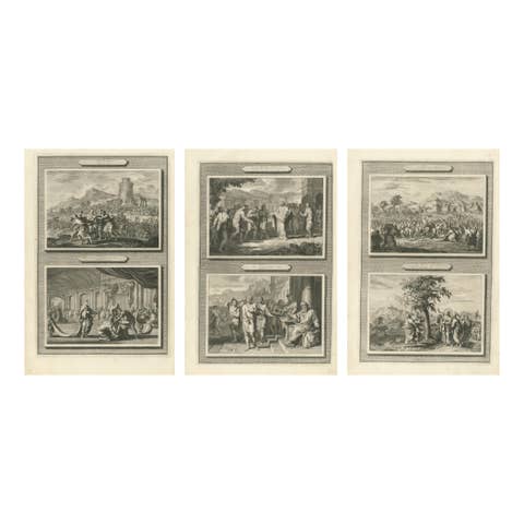 Set of Three Double-Scene Biblical Copper Engravings, Pieter Mortier, ca 1700