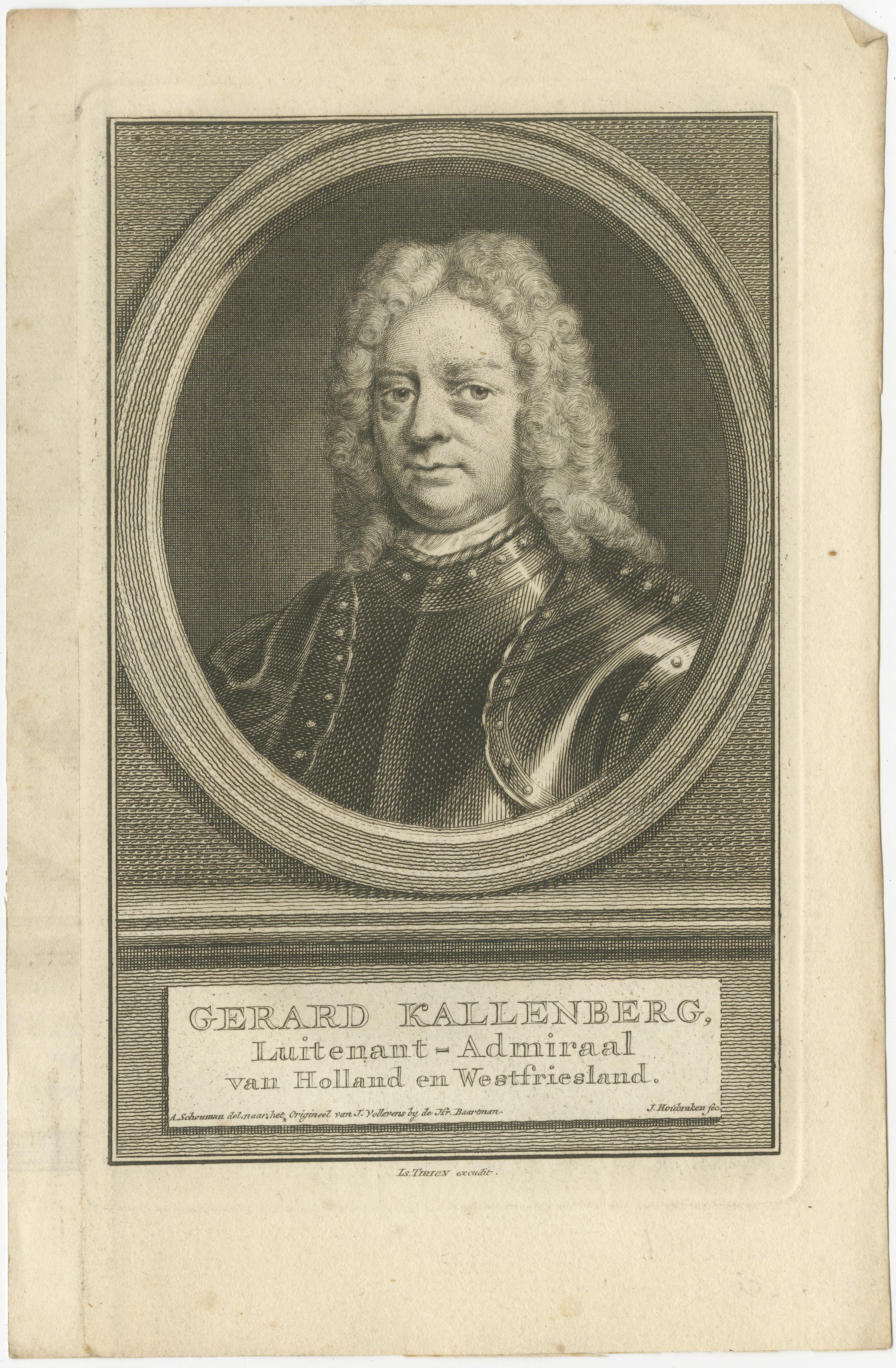 Engraved Set of Three Dutch Naval Portraits – Kortenaer, Kallenberg, and Van Nes, c.1700s For Sale