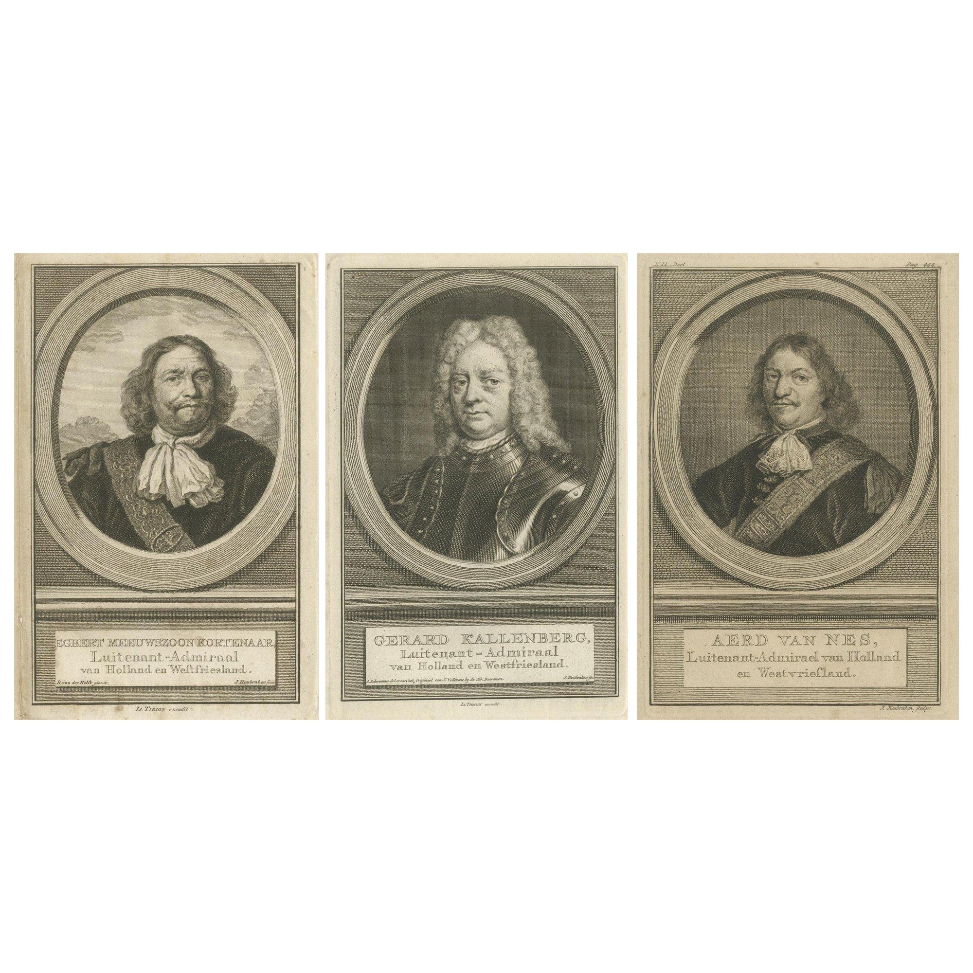 Set of Three Dutch Naval Portraits – Kortenaer, Kallenberg, and Van Nes, c.1700s